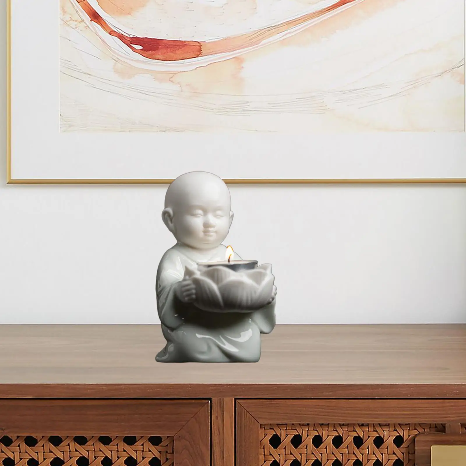 Little Monk Figurine Ceramic Tea Light Candle Holder Votive Candle Holder Feng Shui Ornament for Bedroom, Living Room Cute