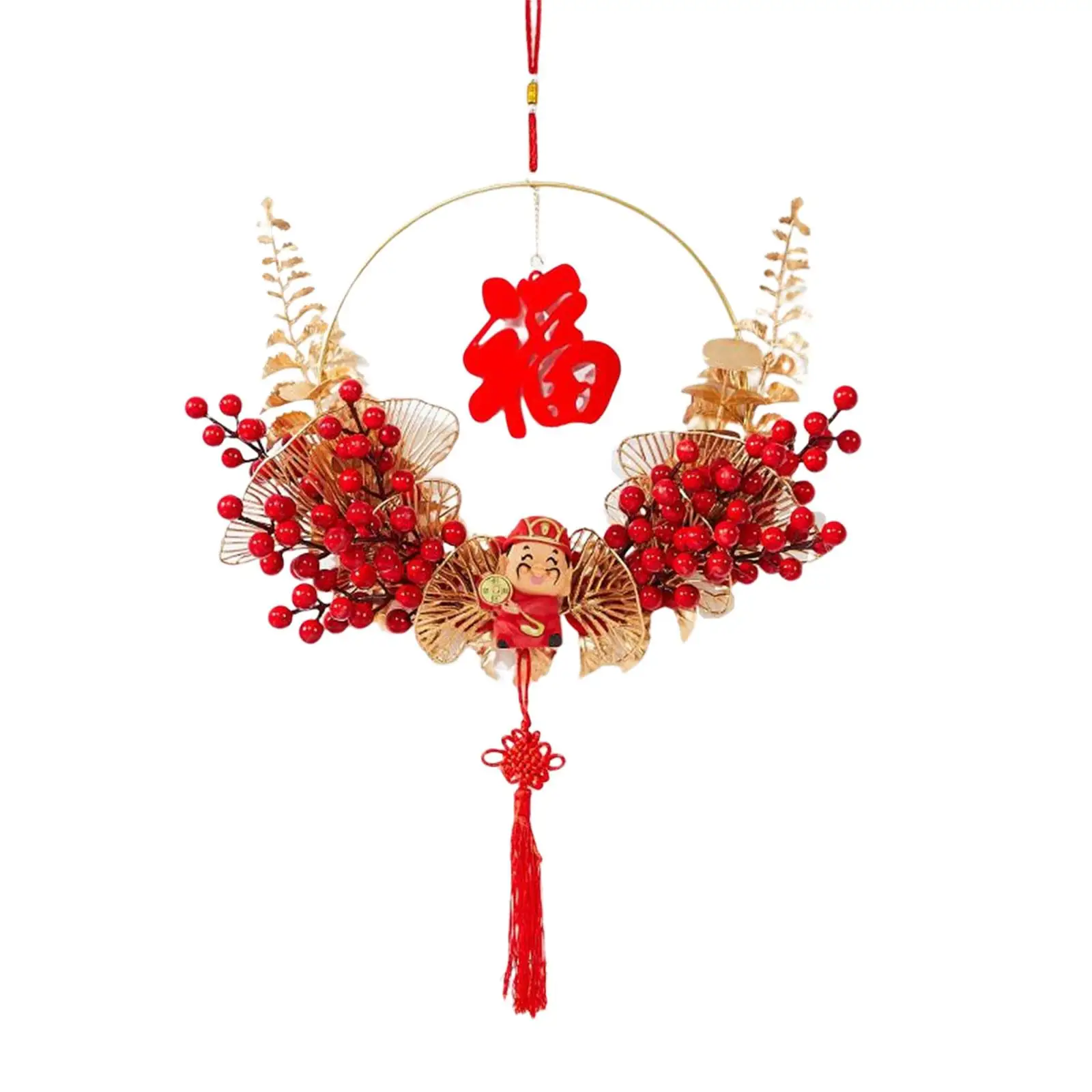 Handcraft Chinese New Year Wreath with Chinese Knot Tassel Fu Character Adornment Hanging Garland for Door Tree Decor