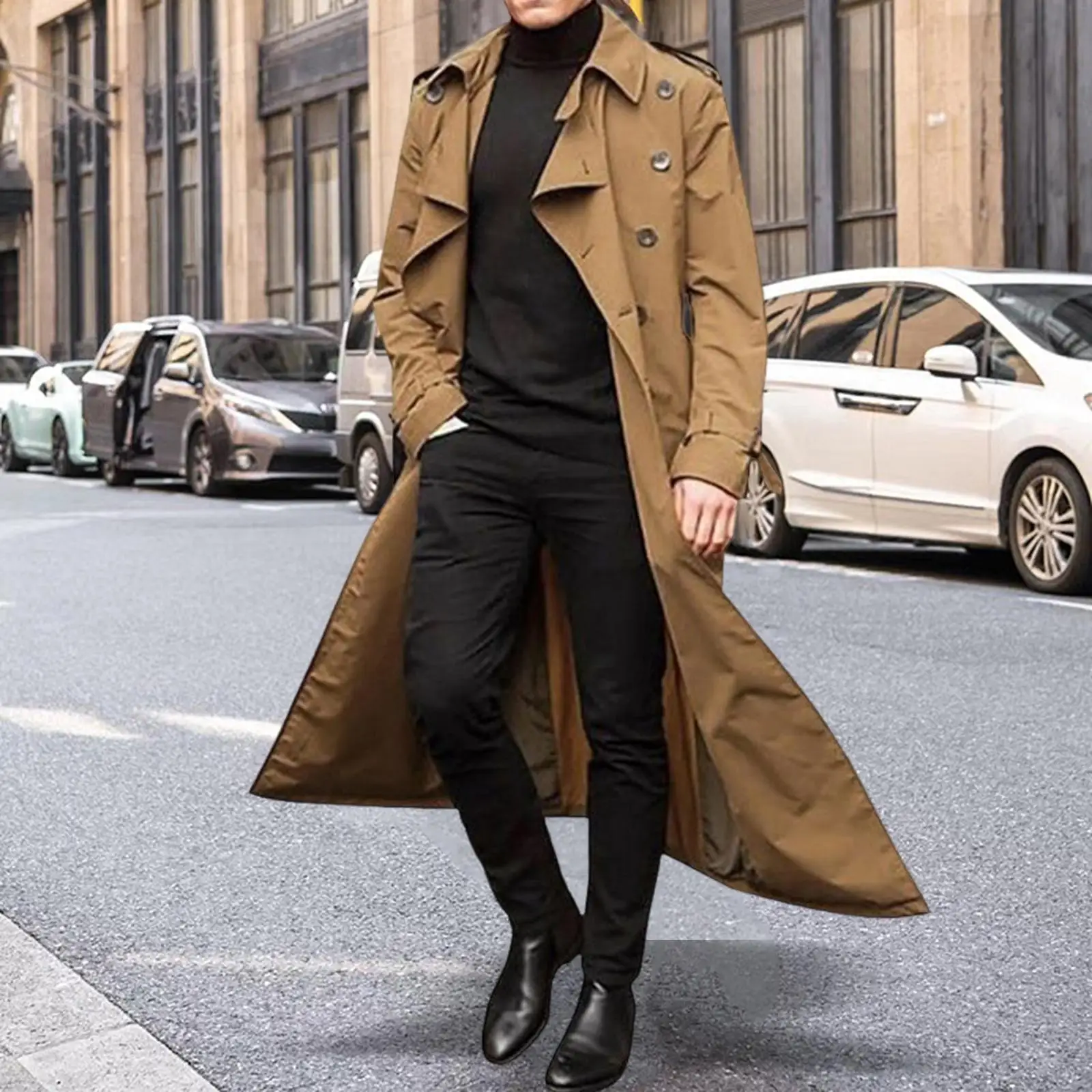 Men`trench Coat Full Length Slim Fit Notched Lapel Warm Peacoat Male Casual Windbreaker for Spring Autumn Vacation Dating Work