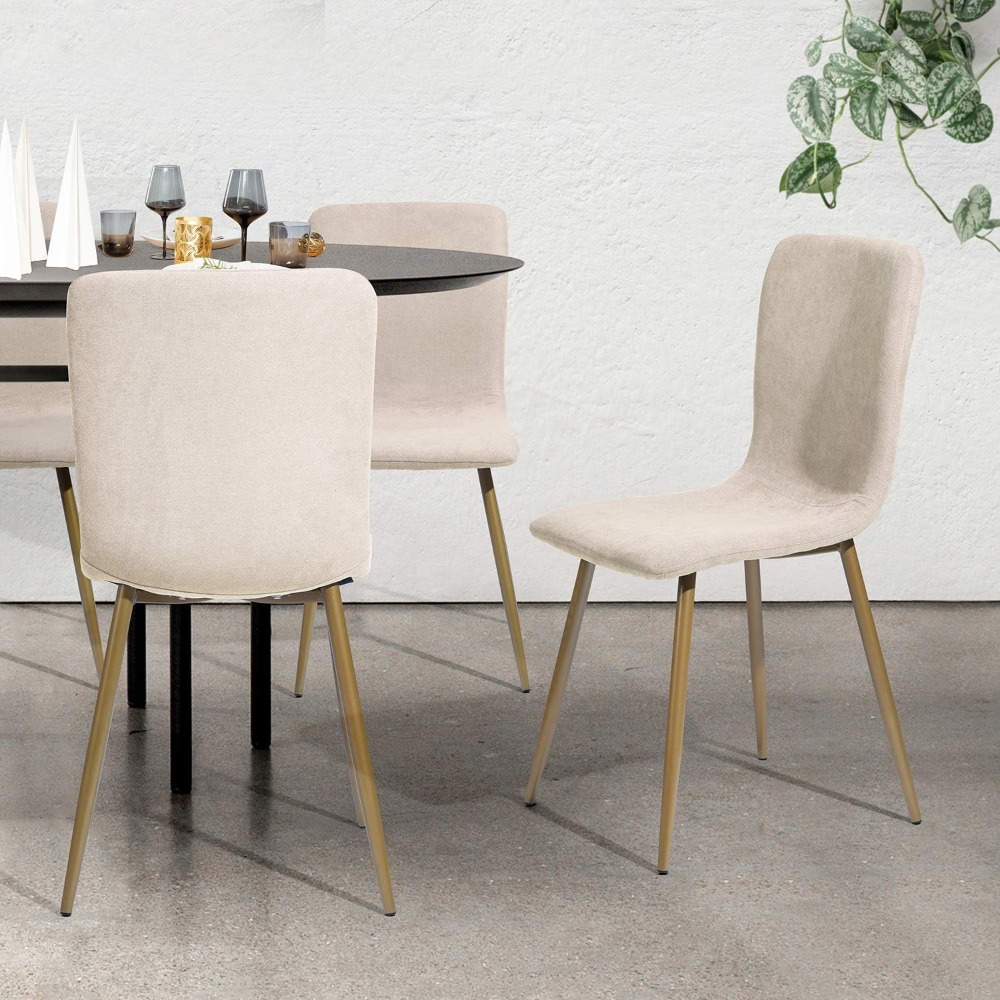 Dining Chair Set of 4, Pre-assembled Chair Set with Gold Leg Upholstery, Modern Fabric for Dining Room, Kitchen, Beige