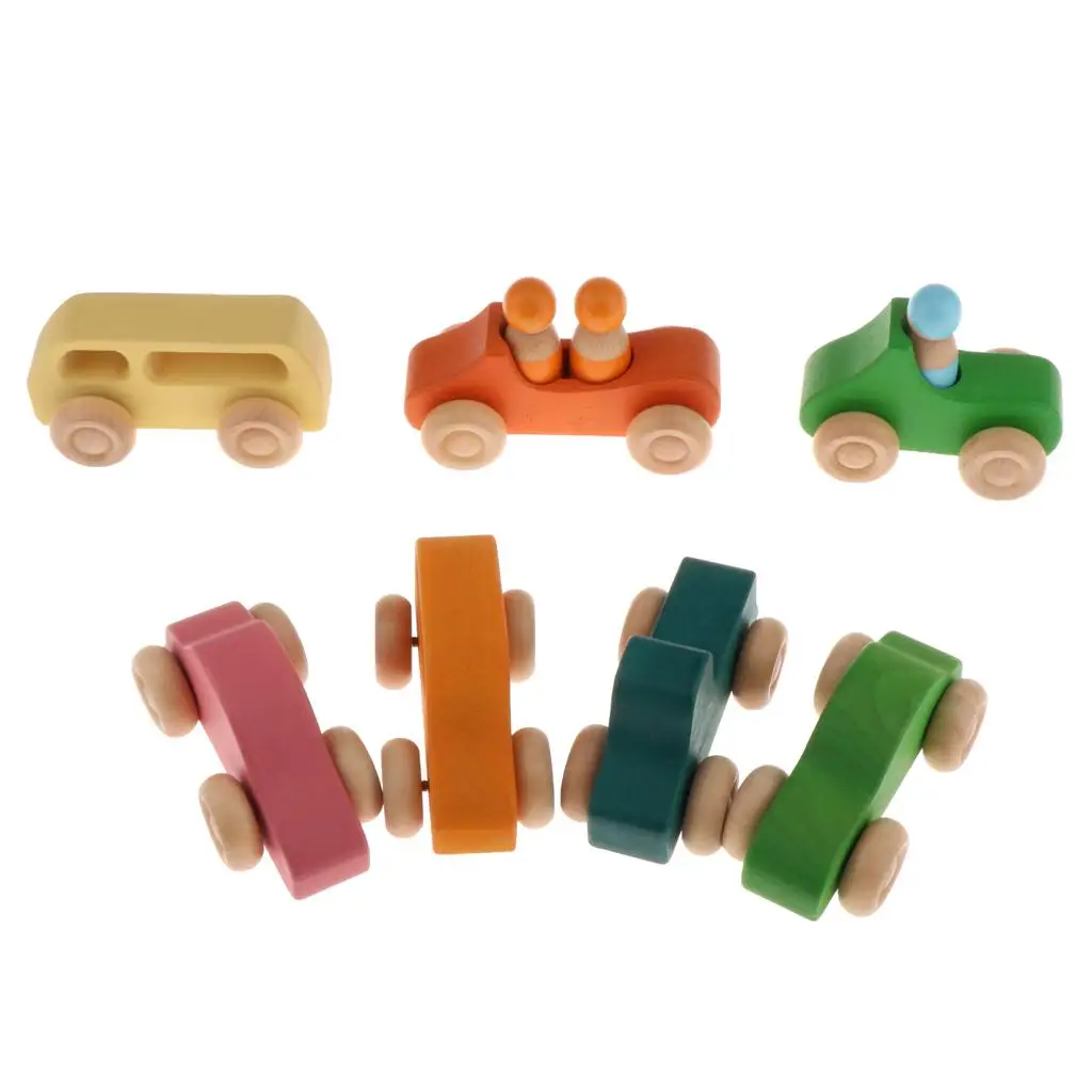 7x Mini Wood Montessori Wooden Traffic Car Wooden Toys Set for Toddler Boys