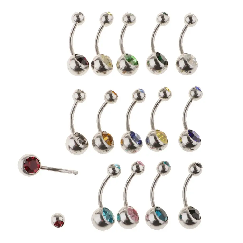 15Pcs Fashion Multicolor Crystal Navel Barbell Women Belly Button Rings - 18g