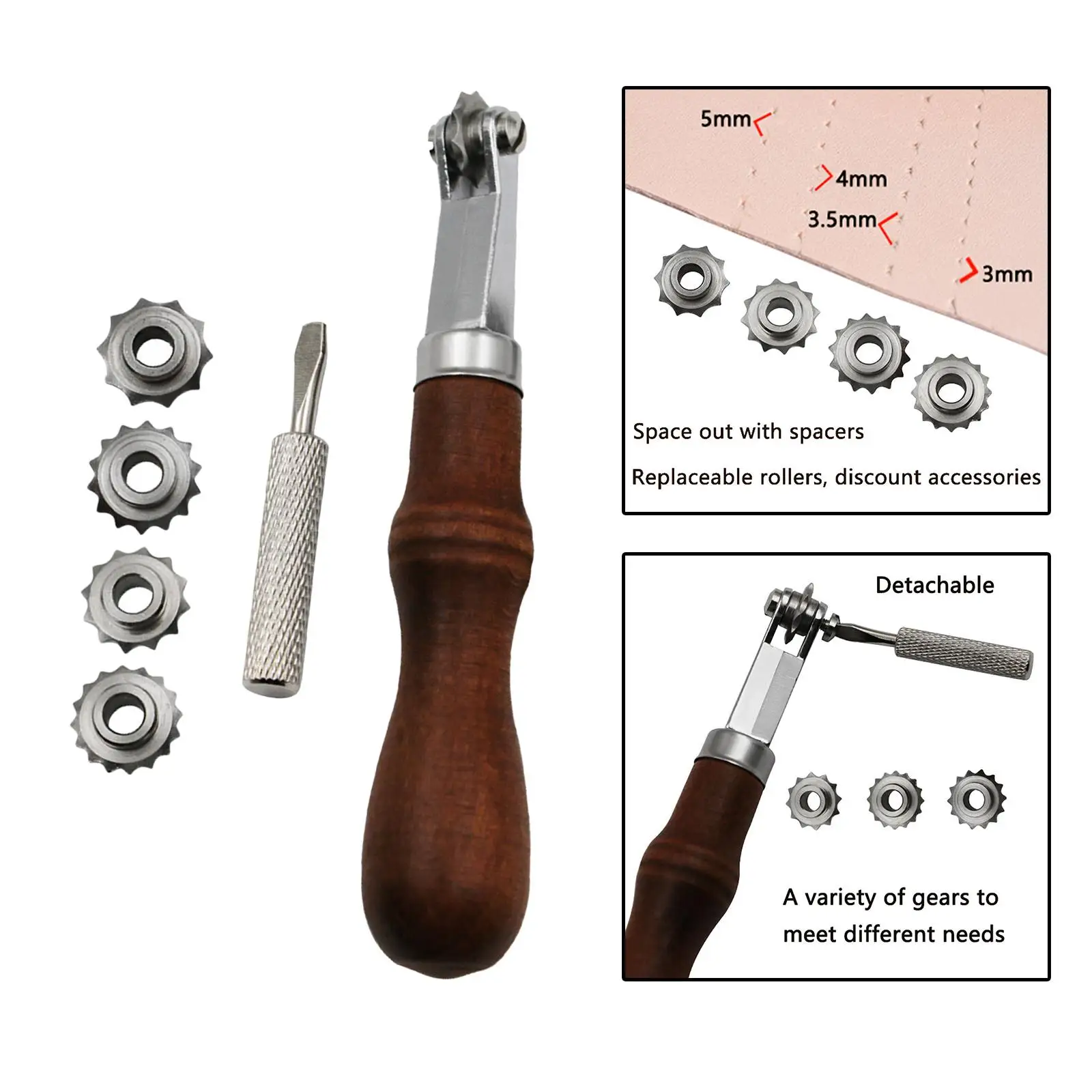 Stainless Steel Tracing Wheel and 4 Gears Rotary Perforator with Wooden Handle for Dressmaking Crafts Paper Cross Stitch Leather