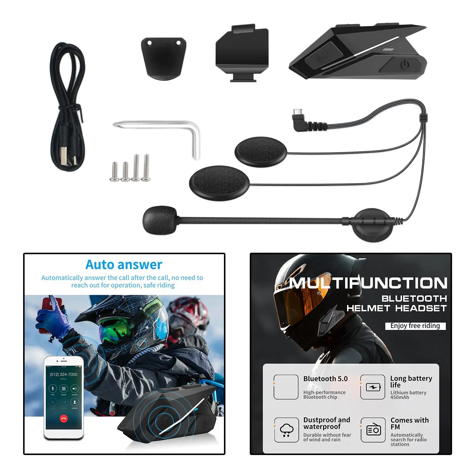 Motorcycle Bluetooth 5.0 Headset with FM Radio 10H Playing Time 450mAh Battery Headphone for Most Helmets Outdoor Sports Riding
