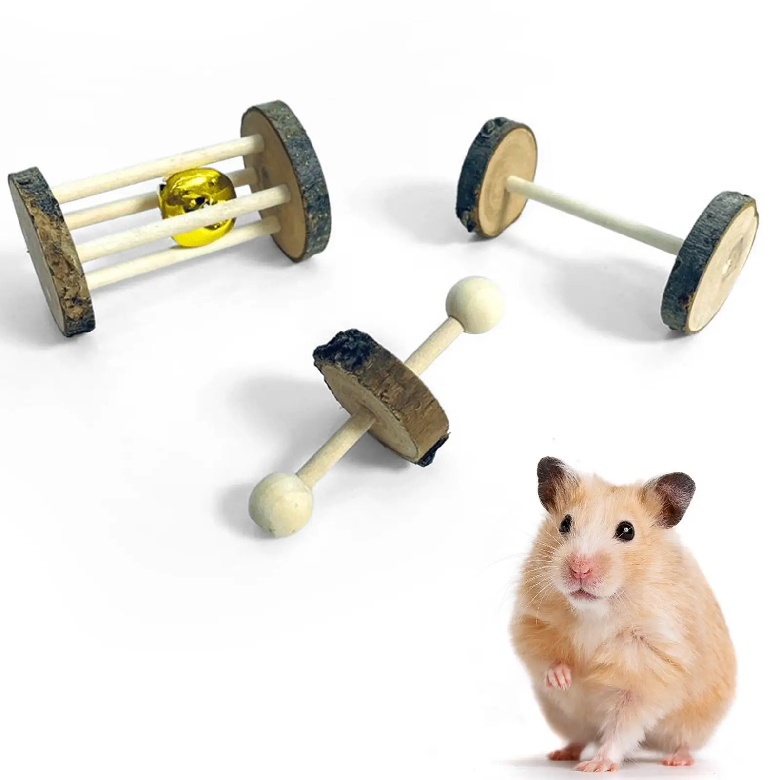 3 Pieces Wooden Pets Supplies Dumbbell Chewing Nibble Toy Small Animals Hamster Cage Accessories Hamster Toy Pet Wooden Toys