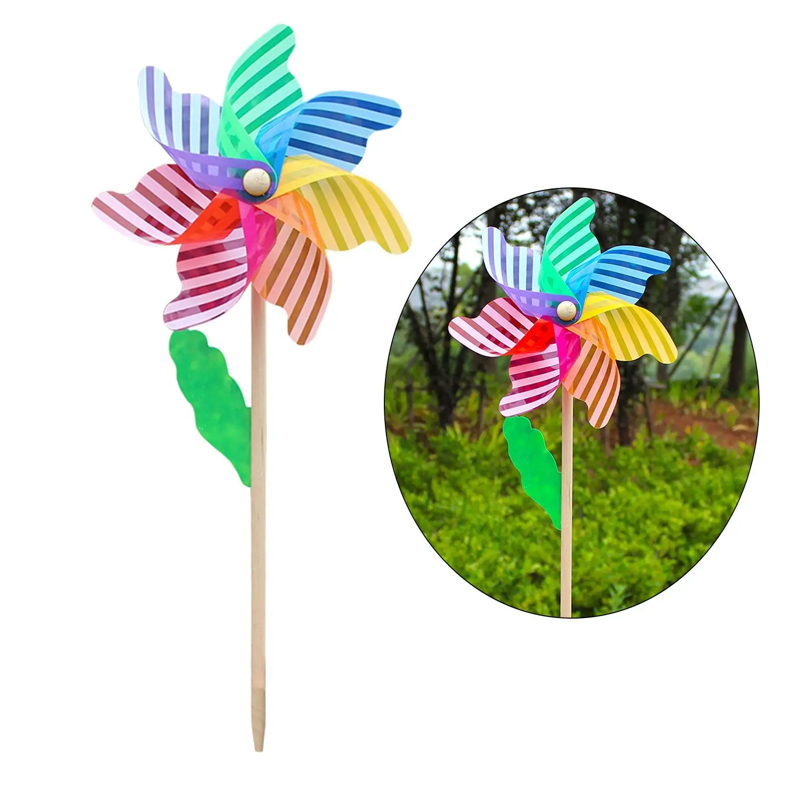 Rainbow Pinwheels with wooden Pole Outdoor Gardening Windmill Kids Toy