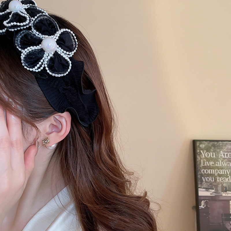 Perlenblumen-Mesh-Haarbänder mit breiter Krempe für Frauen, leichtes, luxuriöses Temperament, großes Stirnband, Charms, Haar-Accessoires – Detail 1