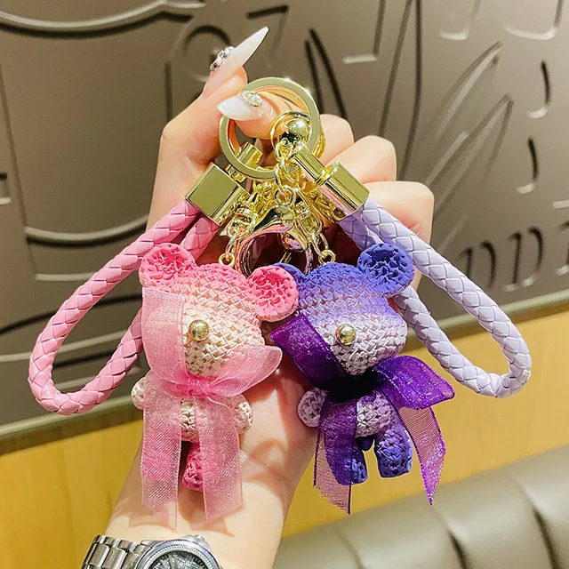 Cute Leather Bear Key Chain Resin Bow Bell Rabbit Keychain Weaving Fashion  Doll Bag Pendant Holiday Car Key Ring For Girls Gift - AliExpress