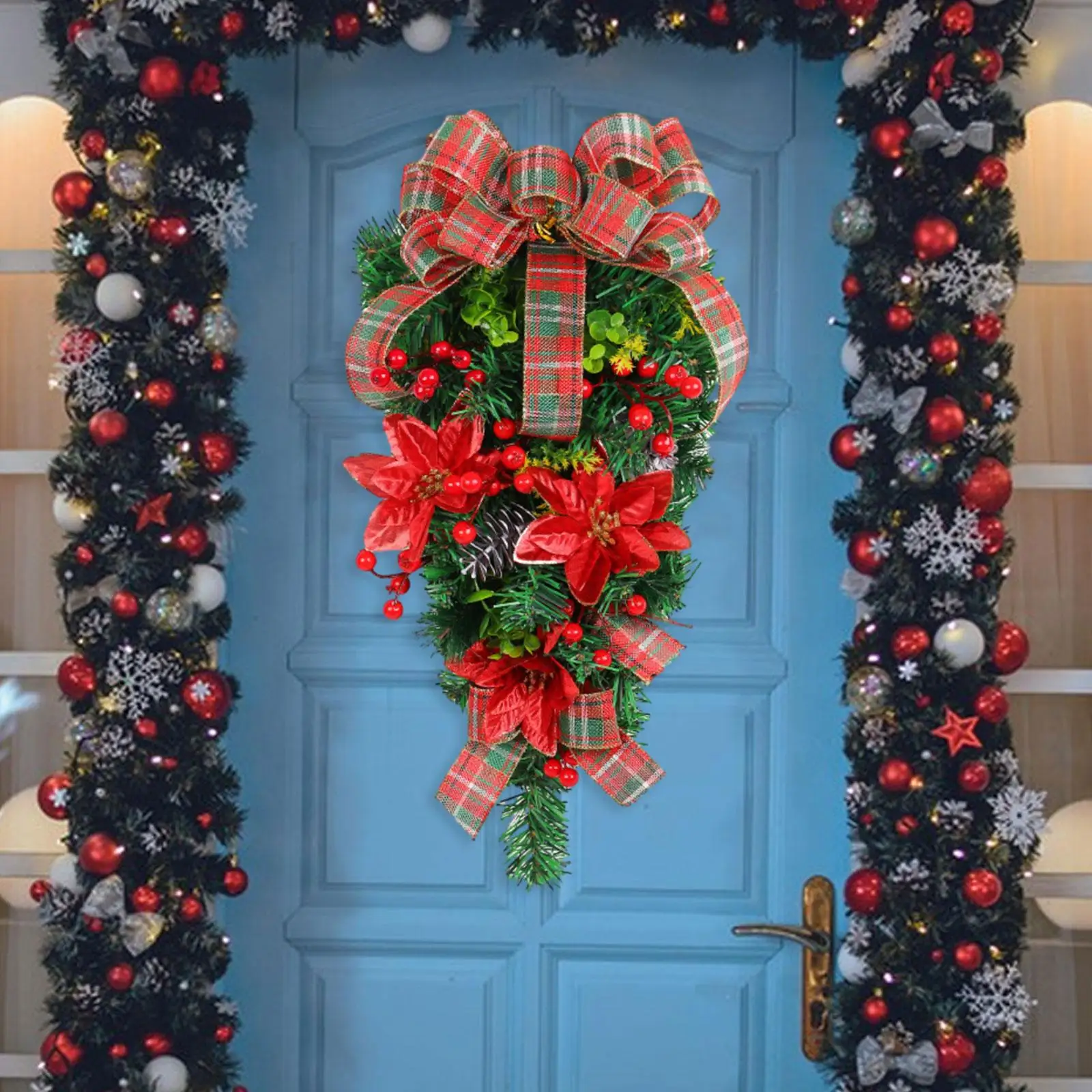 Xmas Door Swag Faux Winter Hanging Teardrop Wreath for Windows Door Home
