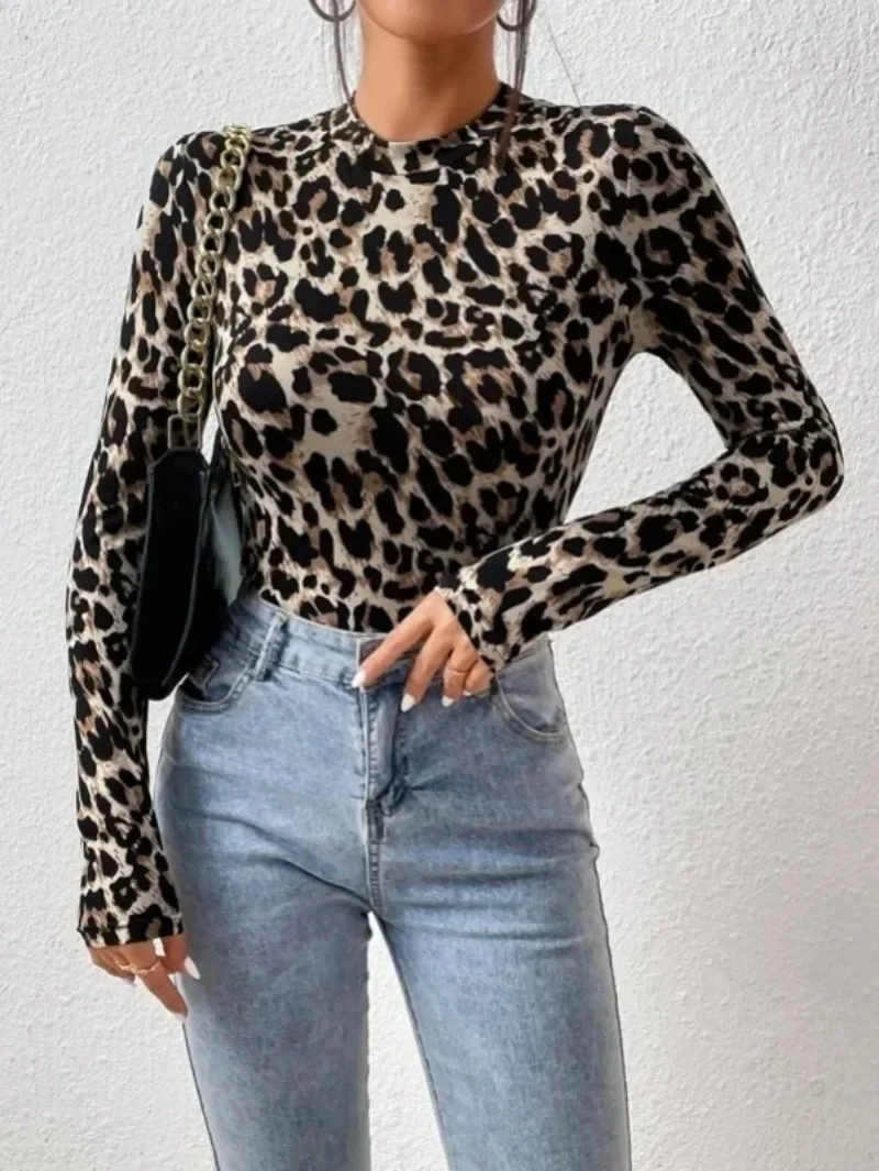 Leopard Print Bodysuit for Women - Sexy Tight Long Sleeve Stand Collar Top