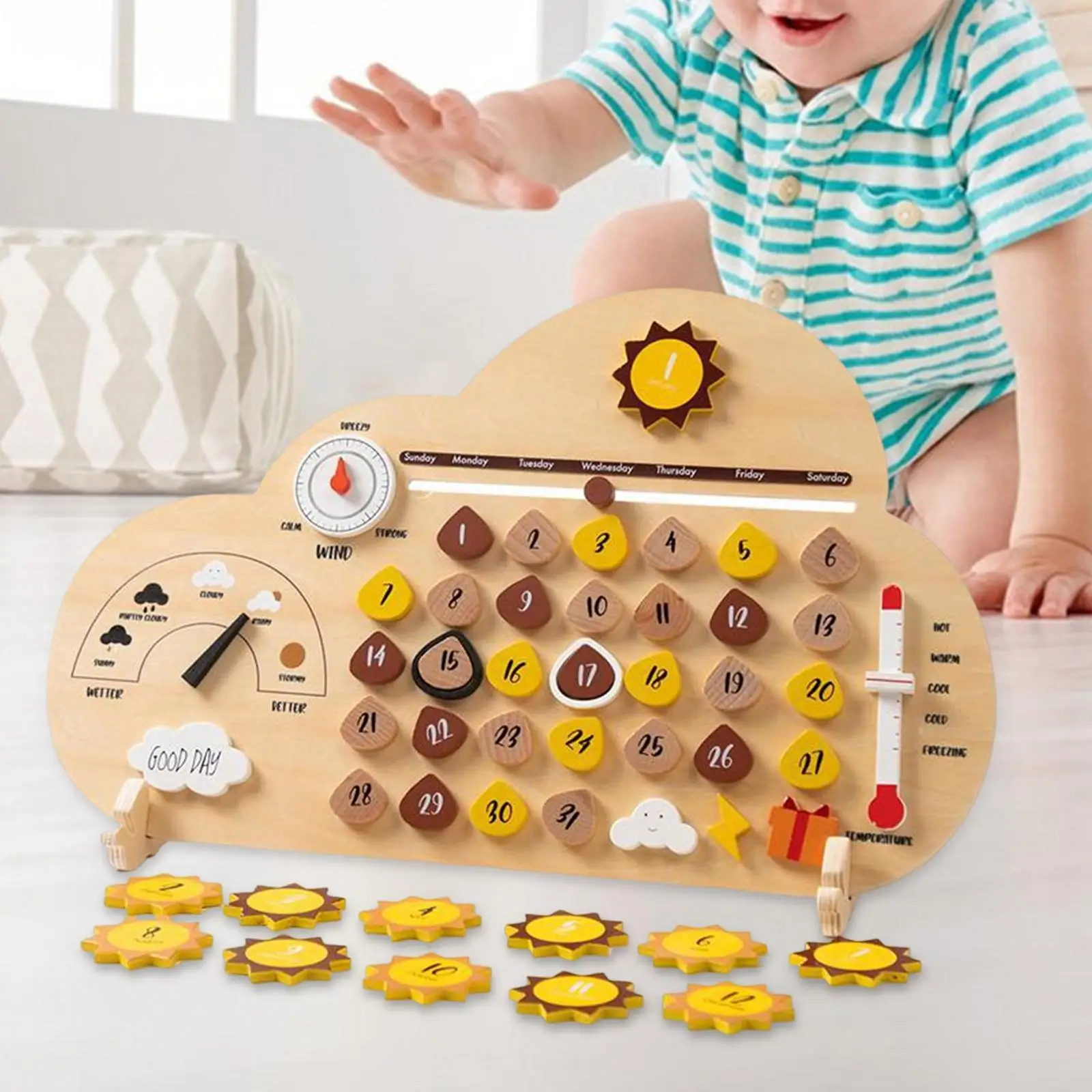 Wooden Activity Board Early Learning Toy Climate Teaching Toy Basic Skills Travel Toy for Kids Boys Girls Children Holiday Gifts