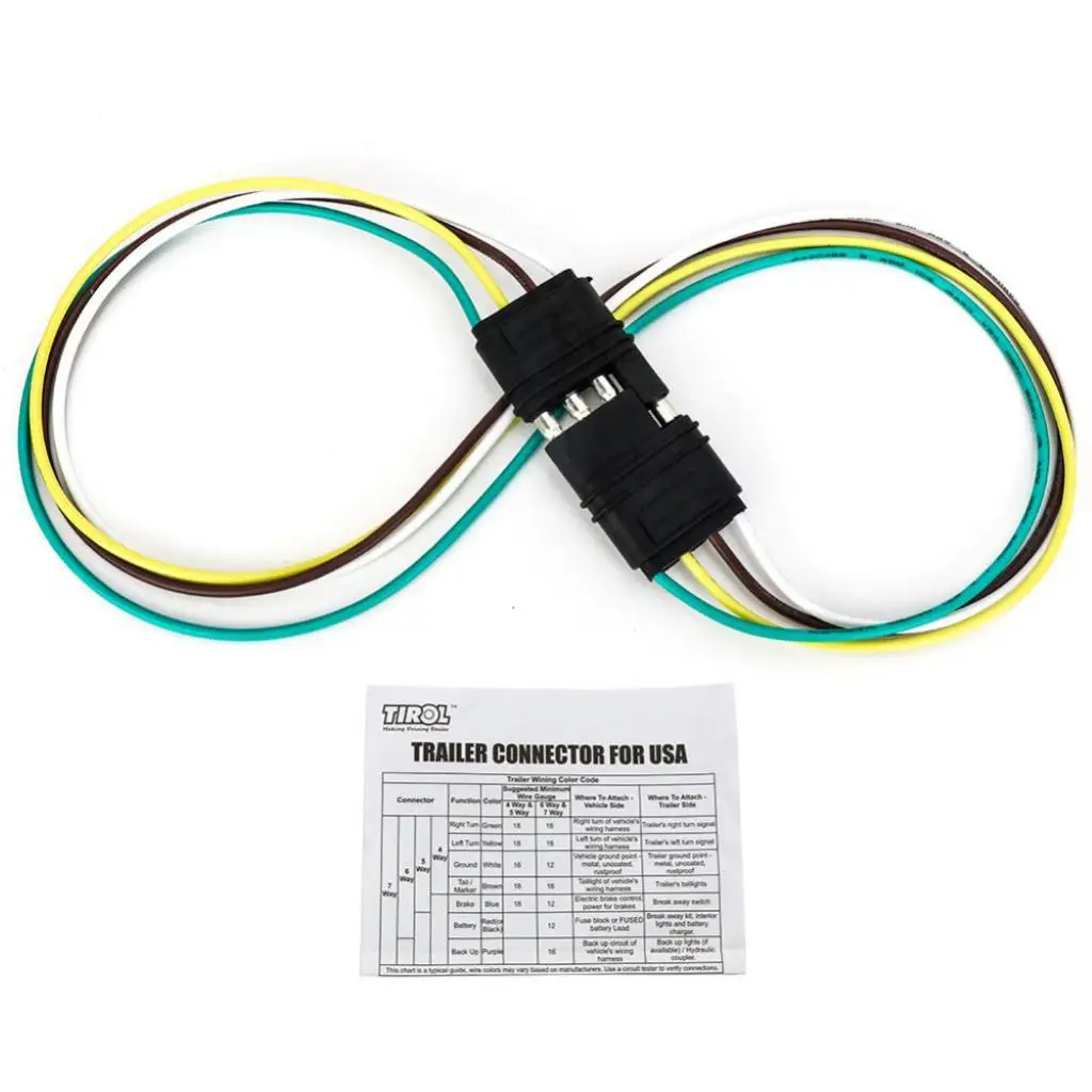 4-Pin Plug Trailer Light Wiring Harness Extension Flat 24`` Wire Connector