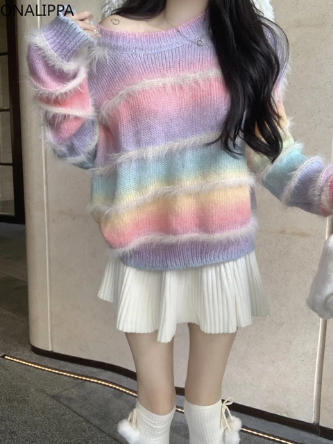 Kawaii Aesthetic Soft Girl Korean Pastel Gradient Light Knit Sweater – The  Kawaii Factory