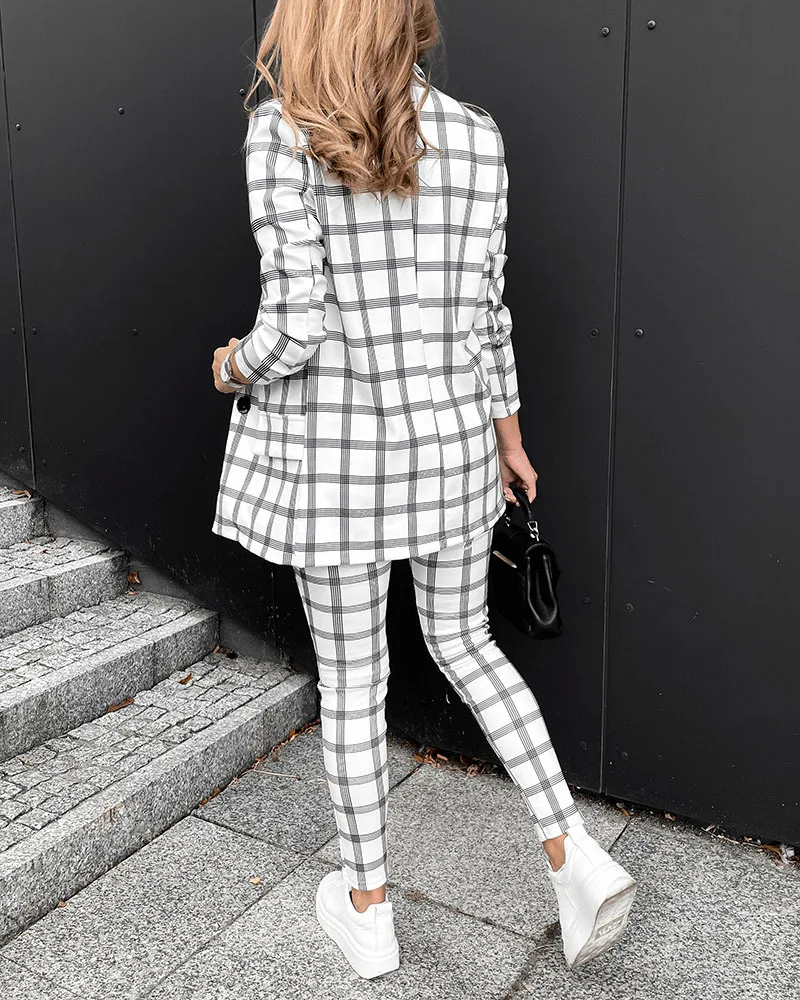 womens white suit set Elegant Women Checkered Printing Sets 2021 Spring Autumn Fashion New Turn-down Collar Long Sleeve Jacket & High Waist Pants Suit women's formal pant suits for weddings