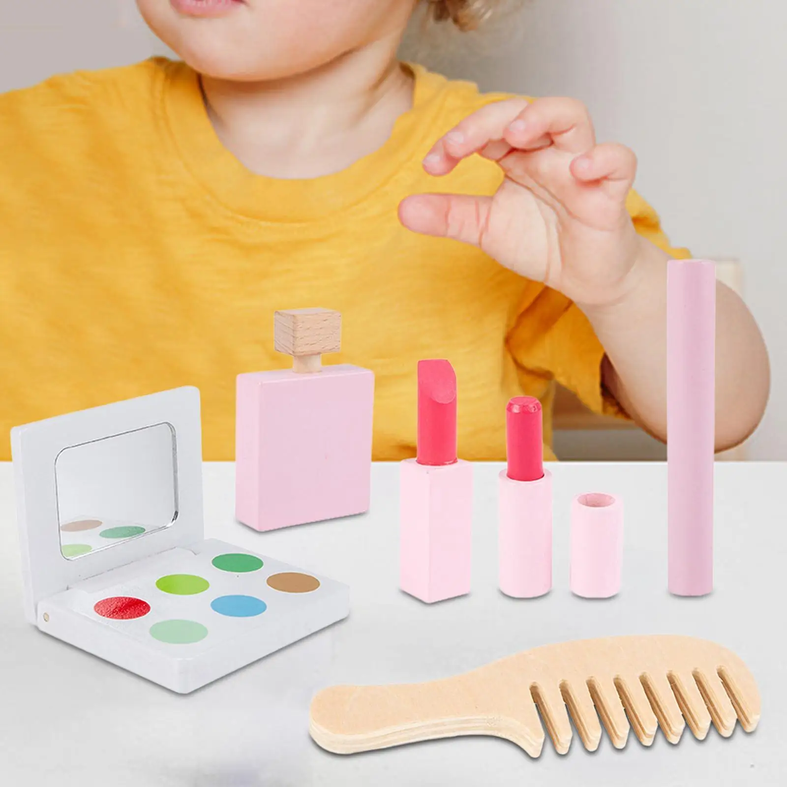 6Pcs Wood Kids Makeup Set Wooden Beauty Salon Learning Activities Pretend Play for Birthday Gift Girl Ages 3 4 5 6 Years Old