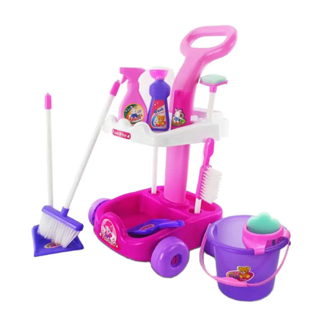 1 Set Children`s Cleaning Cart 12pcs Playset Pretend Role  Gift