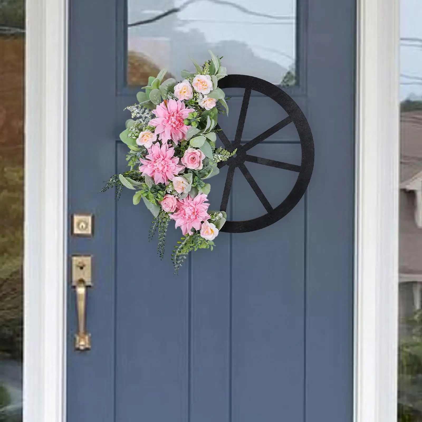 Spring Wreath Pink Artificial Flowers and Wheel Decoration 16.9x16.5inch Lifelike for Outside Farmhouse Decor Multipurpose