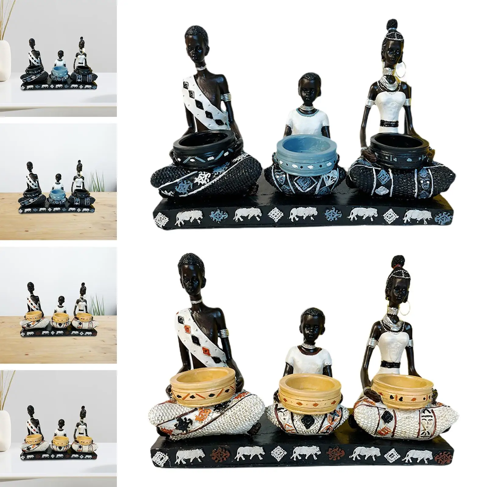 Tealight Candle Holder Sculptures Handicraft Ornament African Family Statues for