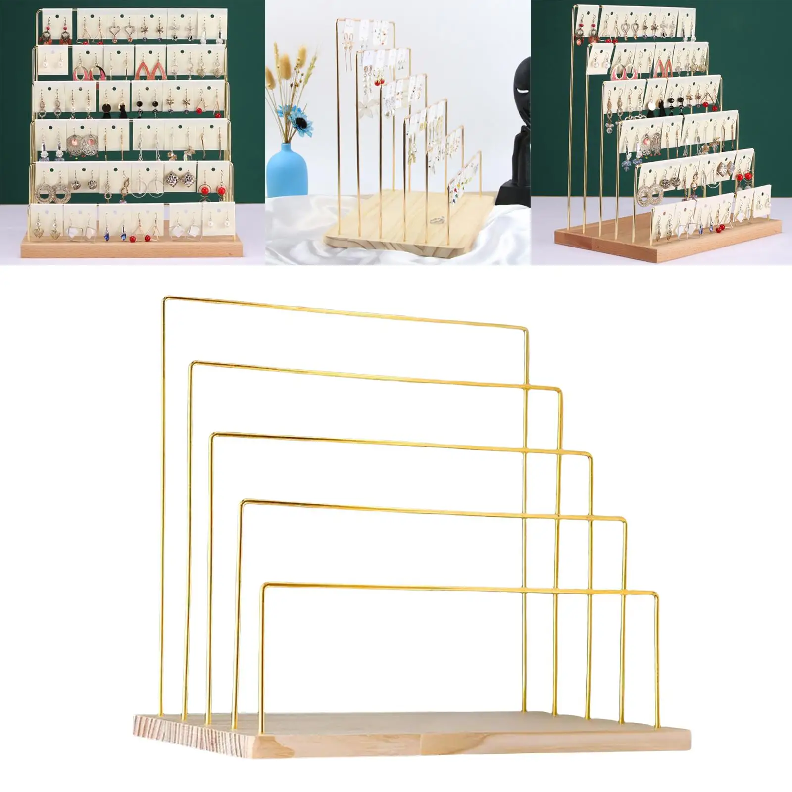 5 Tier Jewelry Earring Cardboad Hanger/ Wood Base Metal Organizer Display Stand/ for Necklaces Business Tabletop Showing