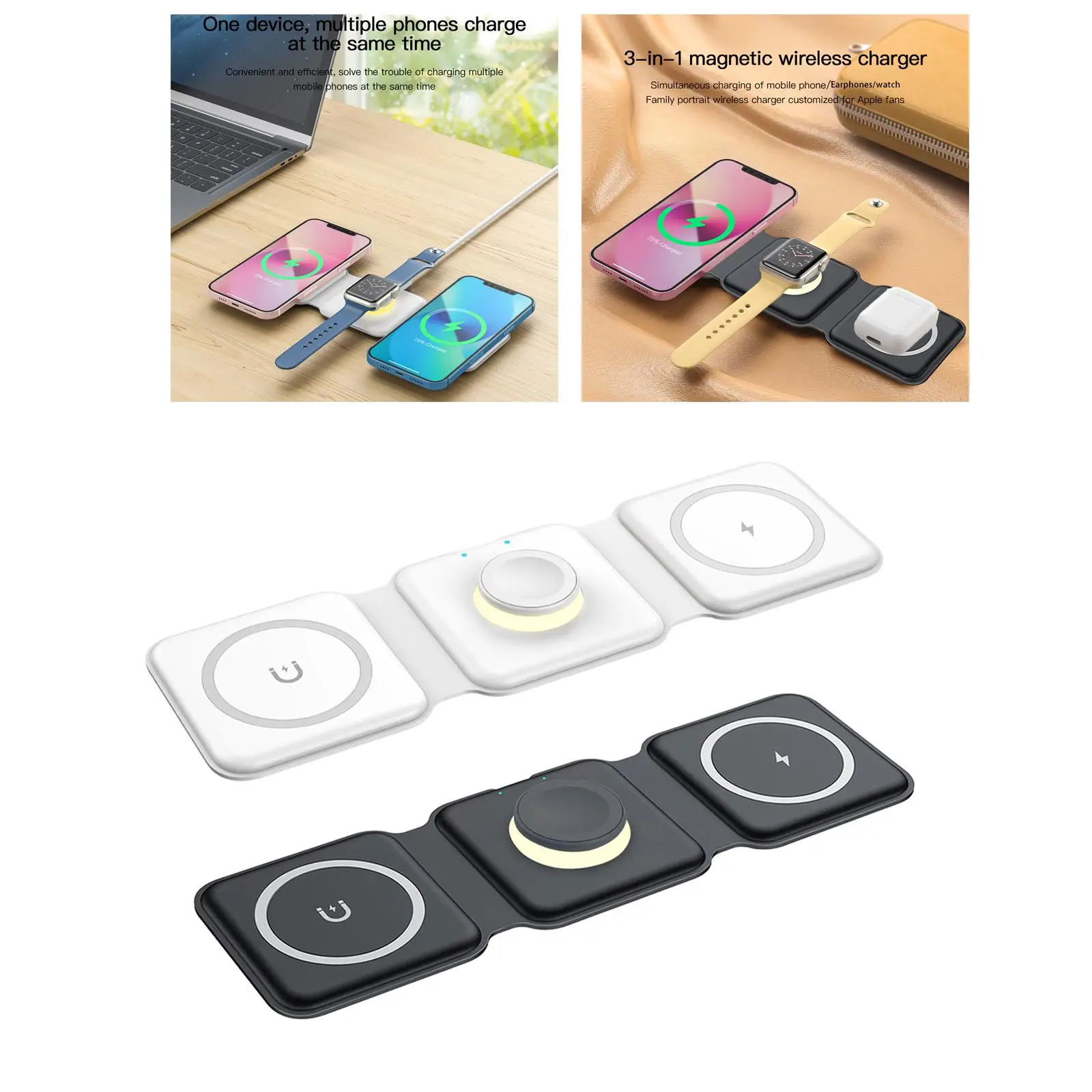 3 in 1 Wireless Charger Wireless Charging Station Fast Wireless Charging Pad with Dimmable Night Light Compact for Home Office
