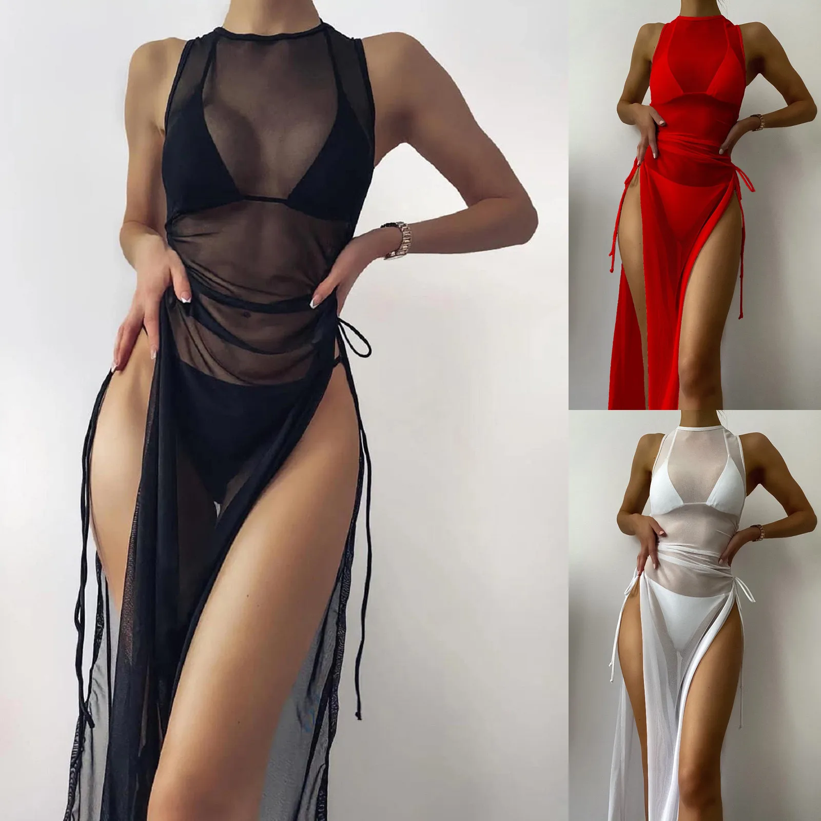 Women Bikini Draped Front Drawstring Knot Mesh Cover Up Without Lingerie  Hight Split Cleavage Cover up V Neck
