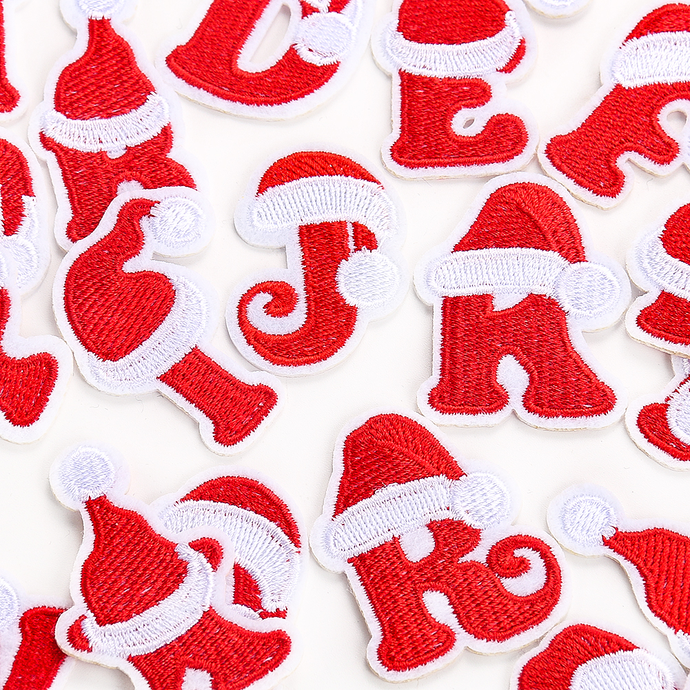 26 Stück Weihnachtsserie Buchstaben-Patch, Alphabet, roter Hut, Mütze, Weihnachtsmann, Stickerei, Eisen auf Applikation, DIY-Stoff, Patchwork-Handwerk – Detail 5