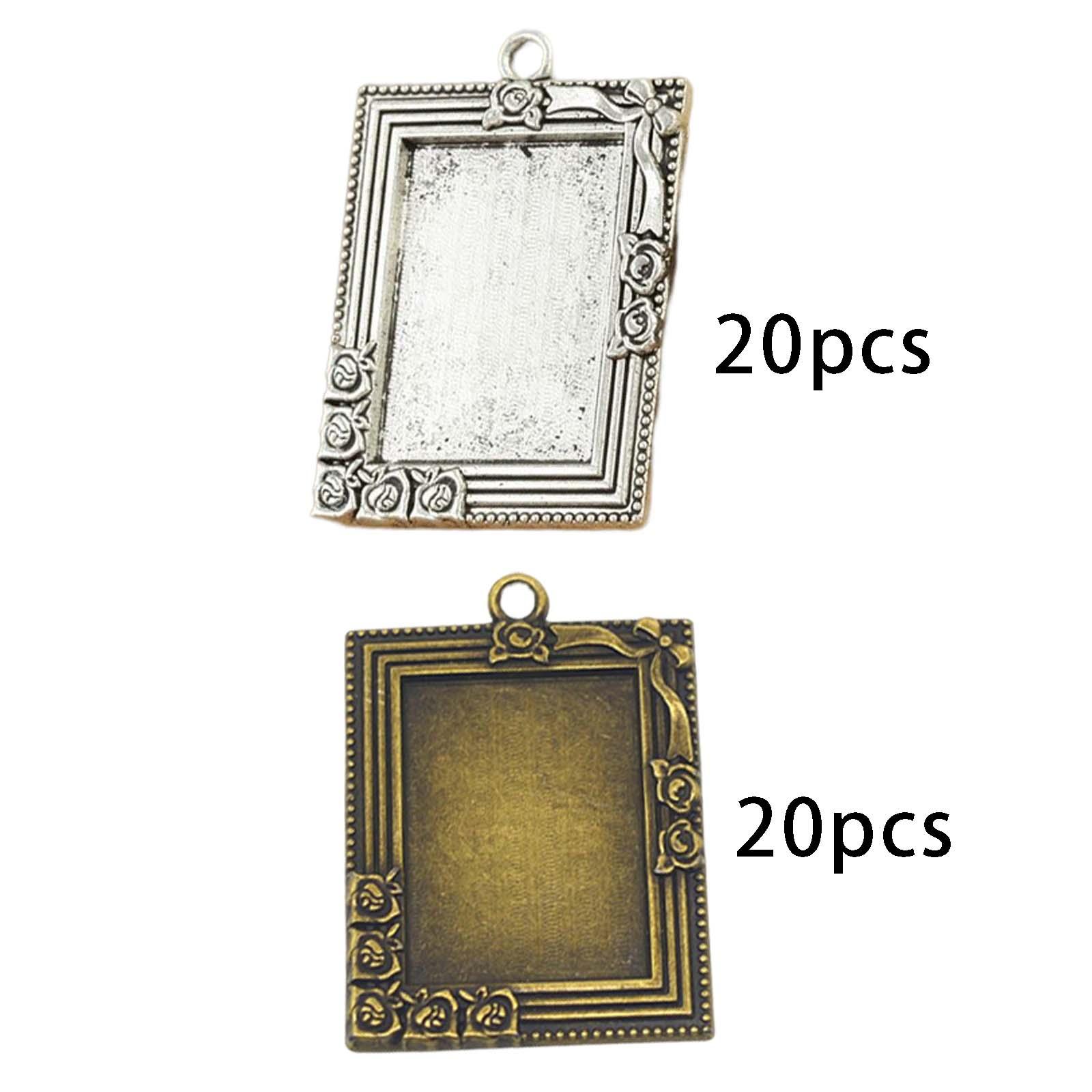 20 Pieces Vintage Rectangle Trays Pendant Charms Necklaces Pendants Trays Bezels Bezel Tray Settings for DIY Craft Photo Pendant