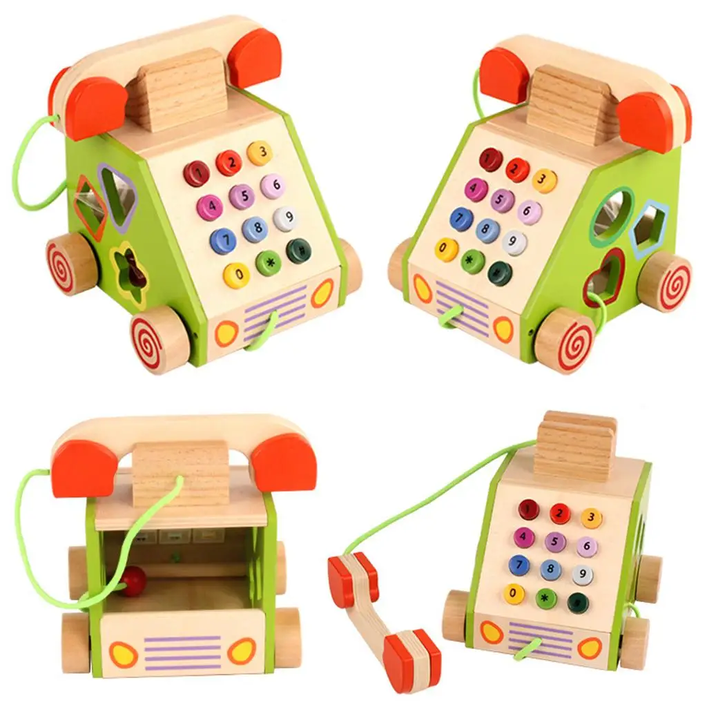 3 In 1 Wooden Pretend Play Pull Along Telephone Kids Learning Toy Gift