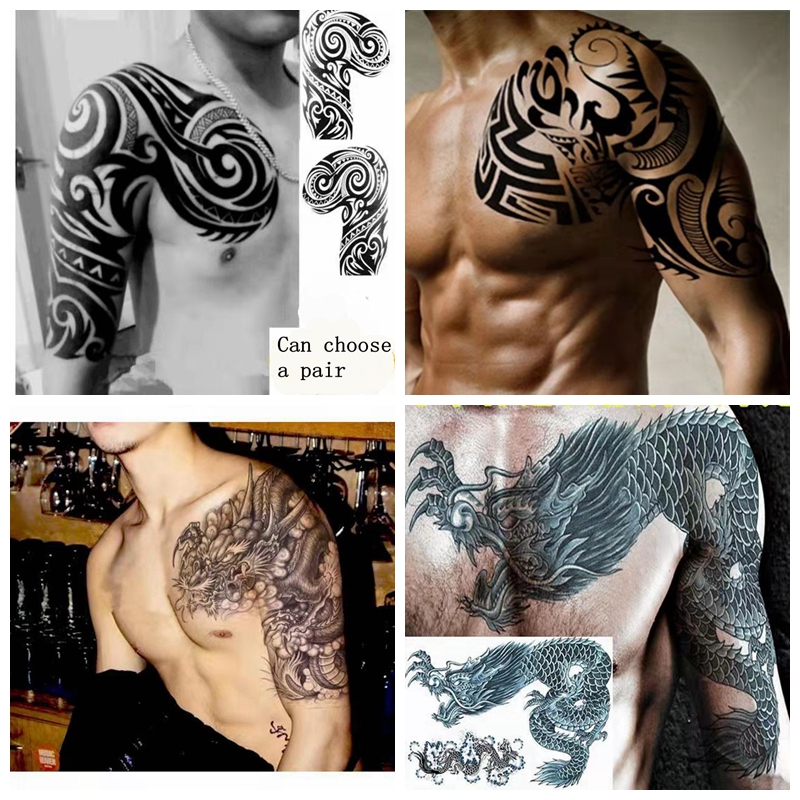 Best of New Waterproof Tattoo Sticker Male Half Shoulder Dragon Totem Breastplate Flame Flower Arm Art Fake Tattoo Black Big Size Tattoo Reviews & Tips