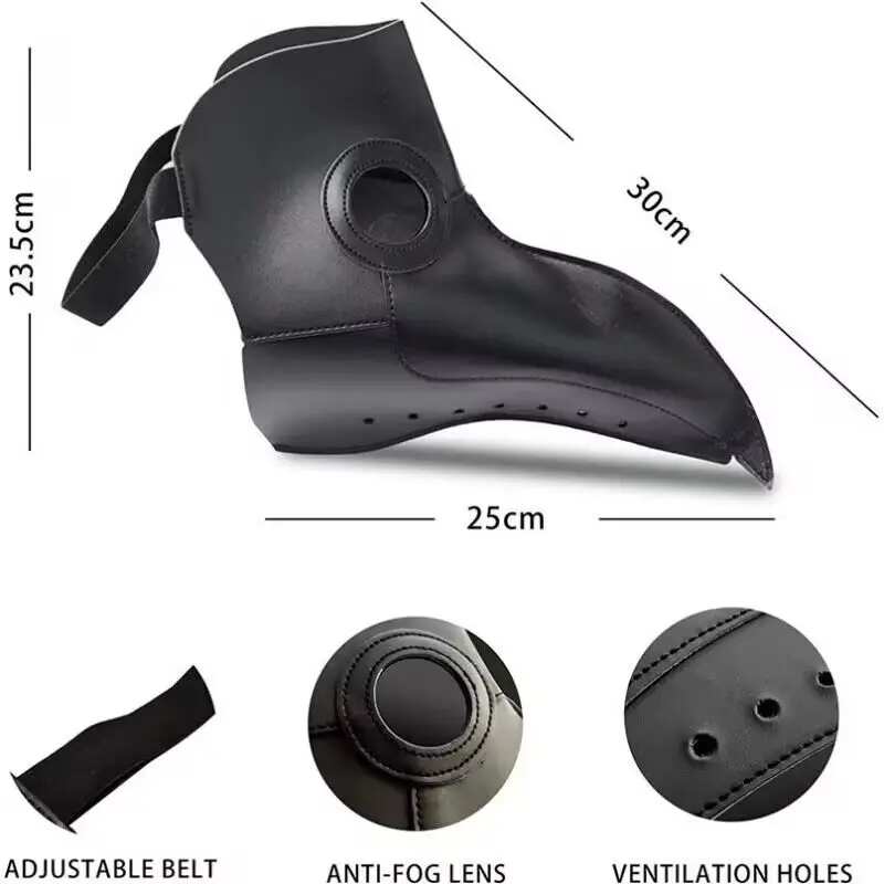 Halloween-Kostüm-Requisiten, Pestdoktor-Maske und Umhang, langer Nase, Schnabel, Ledermasken für Erwachsene, Reaper-Umhang, mittelalterlicher schwarzer Hut – Detail 6