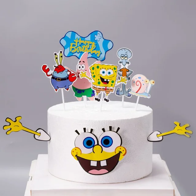 SpongeBob Cake Topper Cartoon Anime Birthday Party Banner Cake Insert Flag  Kids Cake Decor Accessories Cute Birthday Kawaii Gift - AliExpress