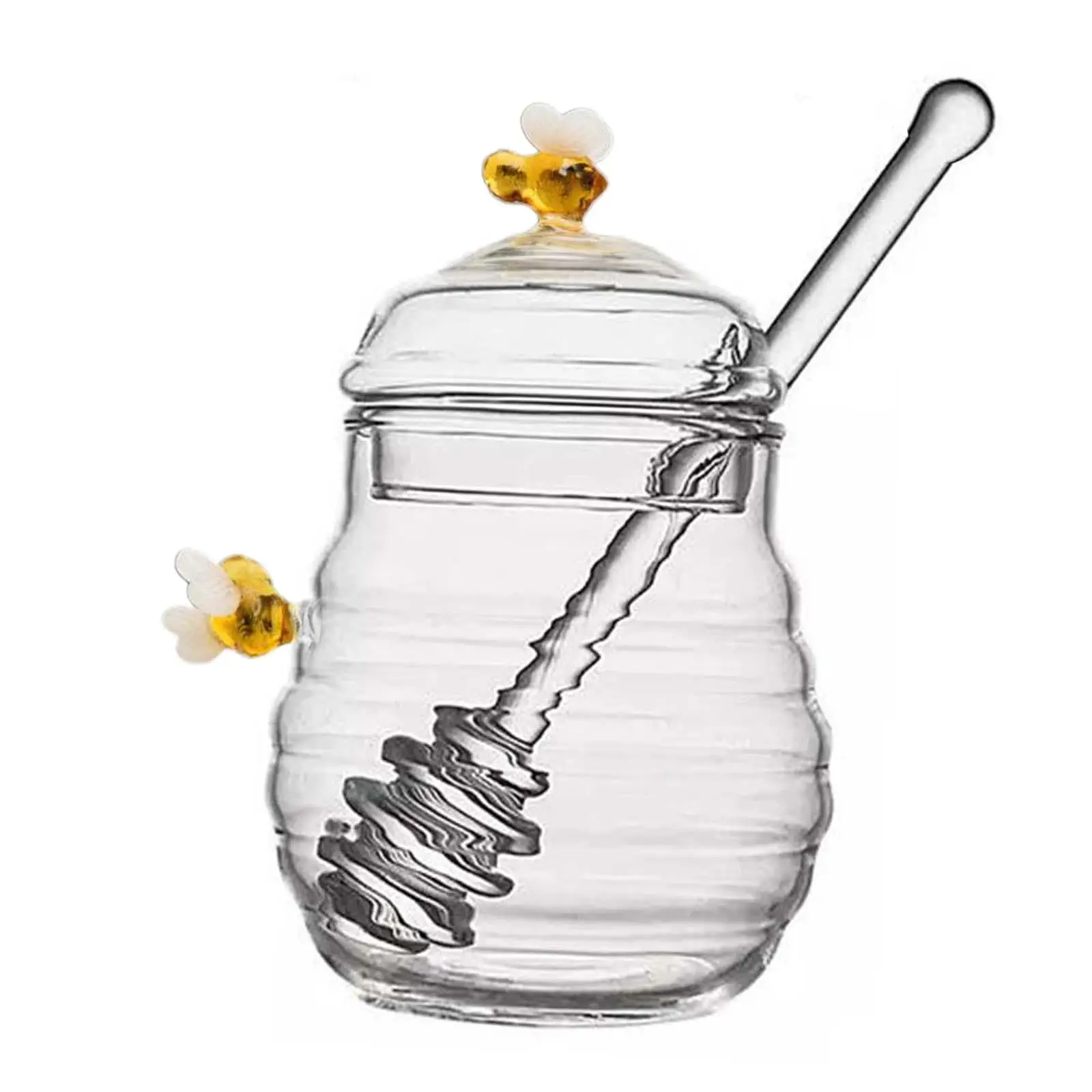 Transparent Honey Storage Container, Honey Bee Pot with Dipper and Lid, , Glass Beehive Honey Pot for Home Syrup