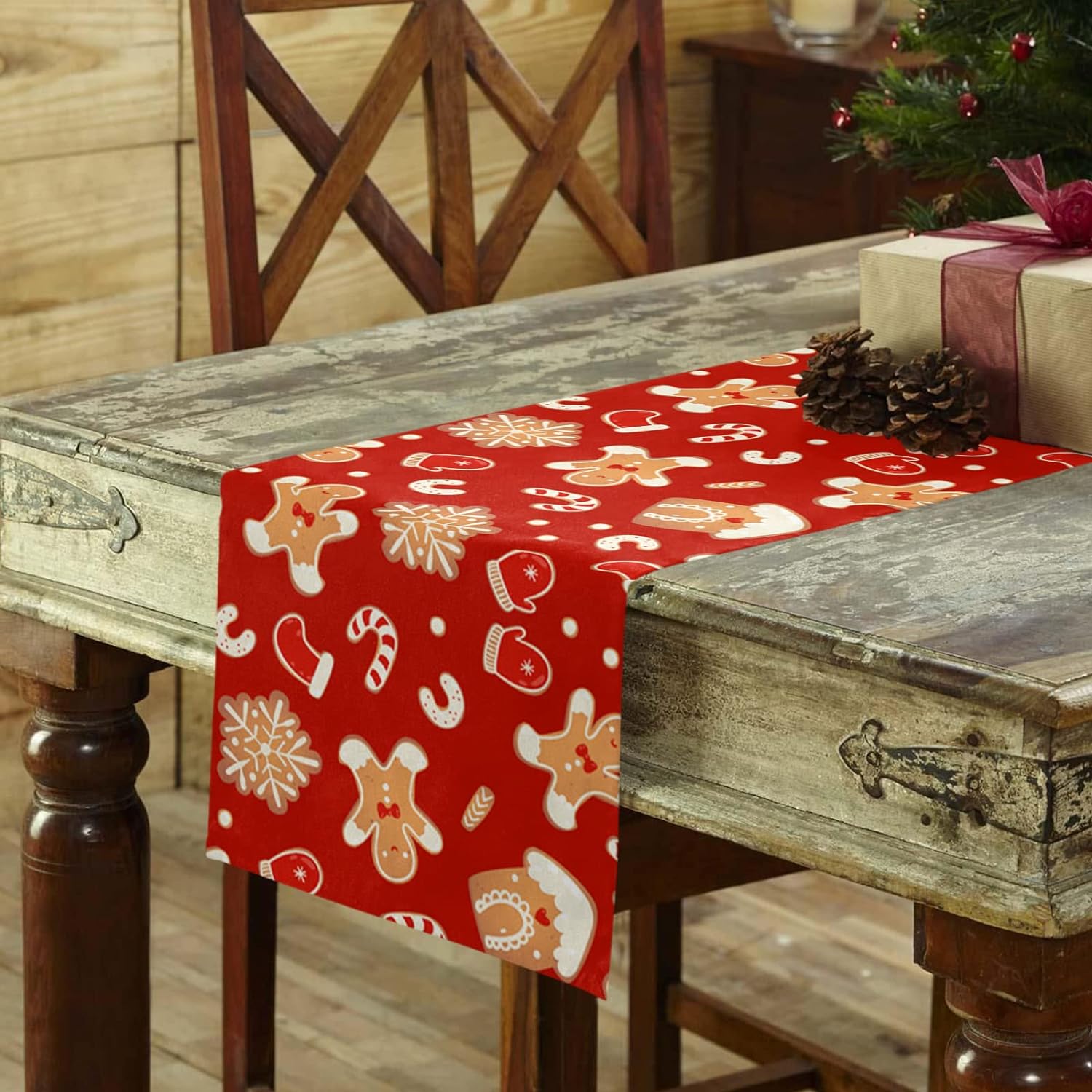 Description Picture 6 of itemChristmas Gingerbread Man Linen Table Runners Dresser Scarves Table Decor Winter Xmas Dining Table Runners Christmas Decorations
