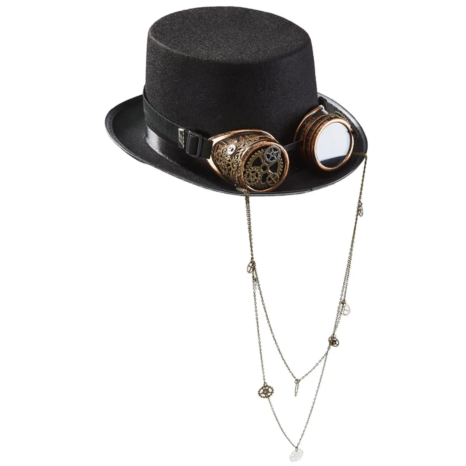 Gothic Steampunk Hat with Goggles Long Chain Black Top Hat Industrial Age