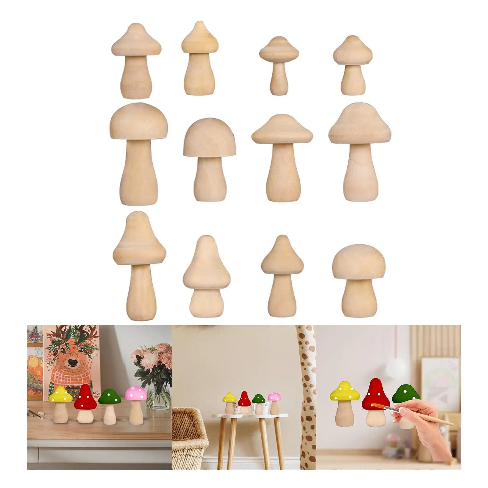 12 Pieces Unfinished Wooden Mushroom Children`s DIY Painted Toys for Arts