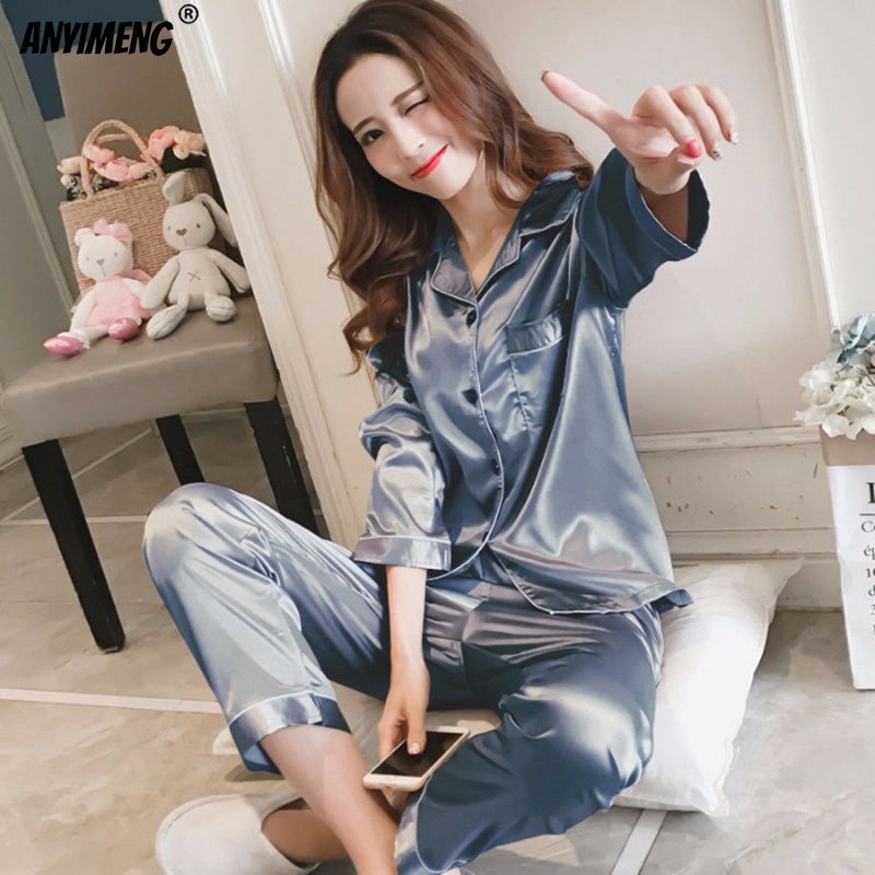 Title 8, M-5XL Frau Luxus Satin Seide Pyjama Set Frauen ...