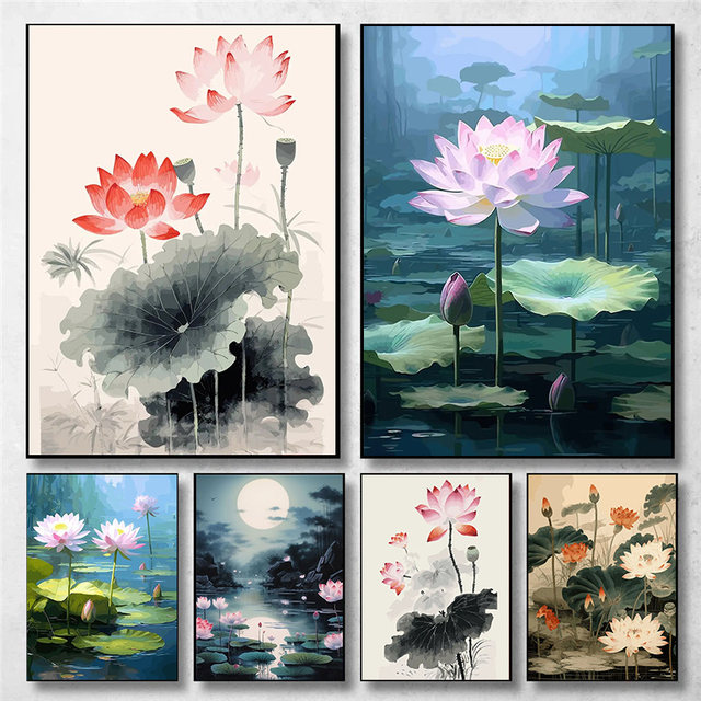 Water Lily Canvas Oil Painting Abstract Texture store Lotus Flower Painting Original Landscape Plant Art Pink Lotus Flower Mural, Green Lotus Leaf