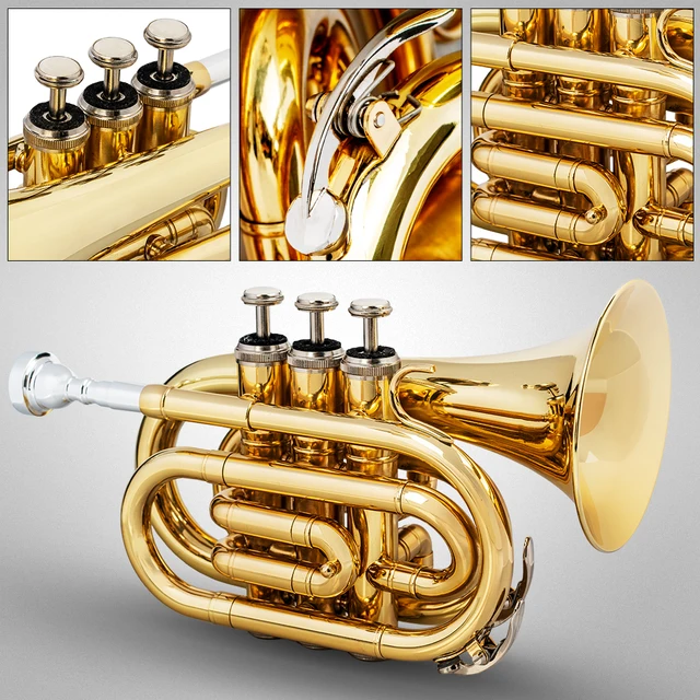 Professional Palm Pocket Trumpet Tone Flat B Bb Brass Wind Instrument with  Mouthpiece Gloves Cloth Brush Grease Hard Case For Kids Children etc.