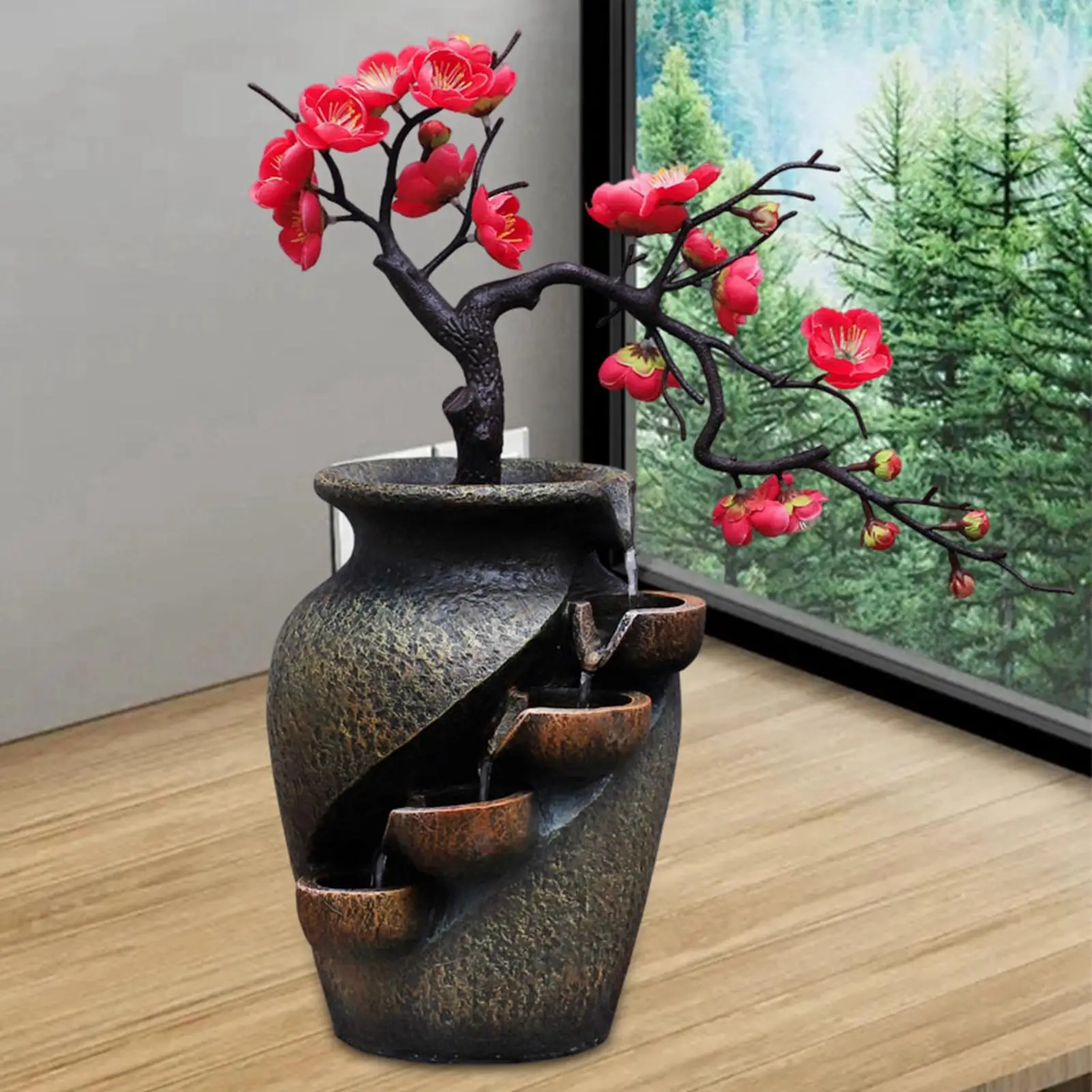 Creative Indoor Water Fountain Flower Vase Design Soothing Relaxation Landscape Ornament for Desktop SPA Garden Home Decorations