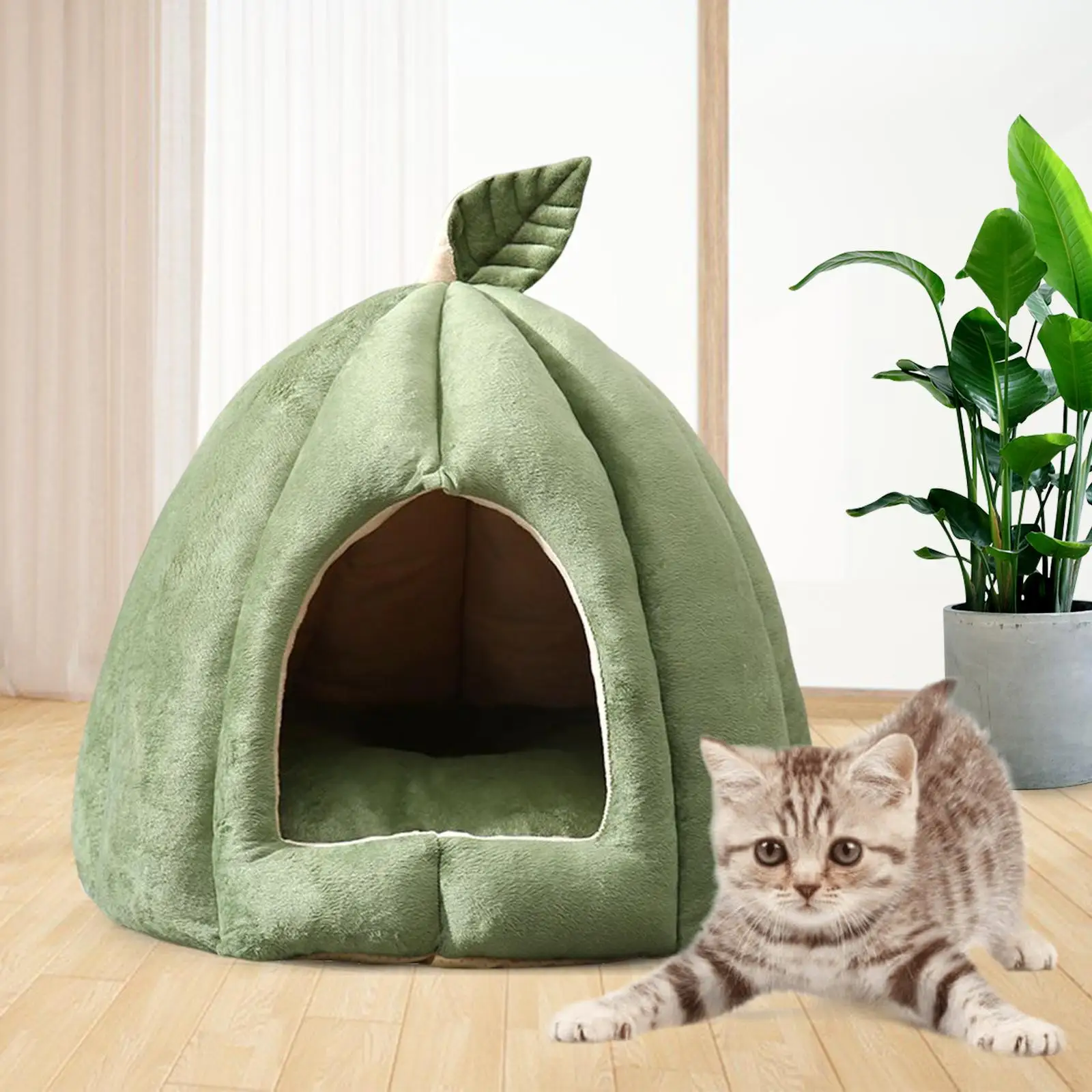 Cave Pet Bed Dog Tent Nonslip Washable Leaves Decorative Cat Warm House for Kitten