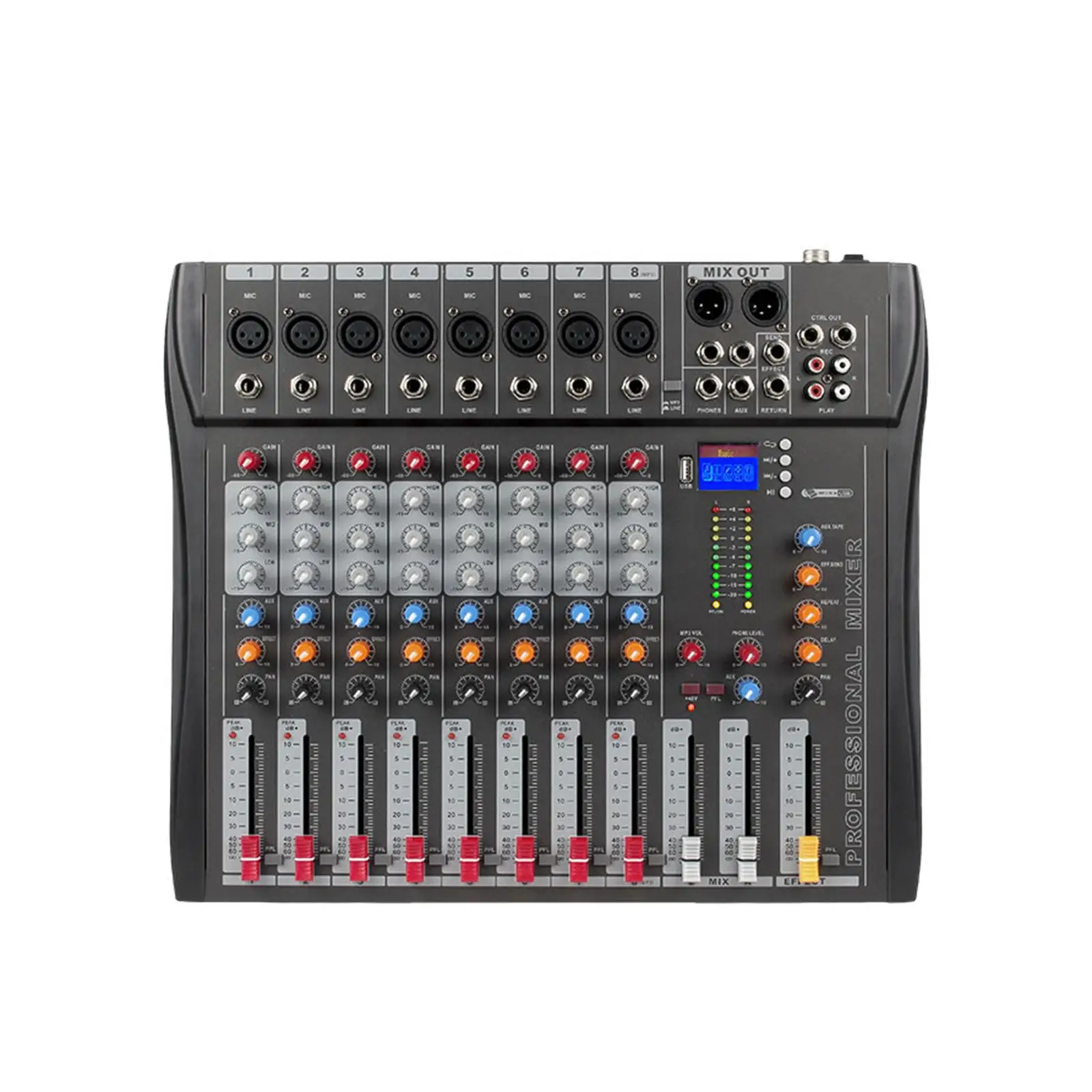 8 Channel Mixer Sound Mixing Console Digital Mixer EU Plug Durable Karaoke Music Lightweight 40.5x34x3.7cm 48V Phantom Power