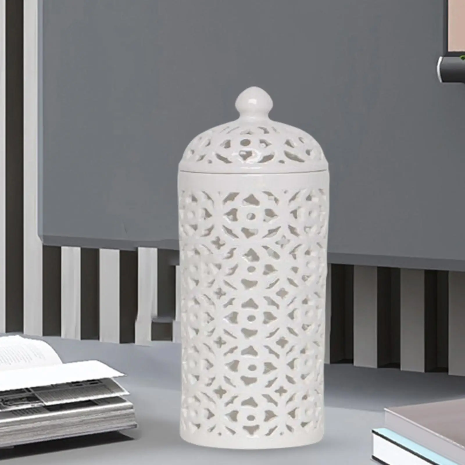 Ceramic Hollow Pierced Vase with Lid Temple Jar, Fine Glaze Finish ,White