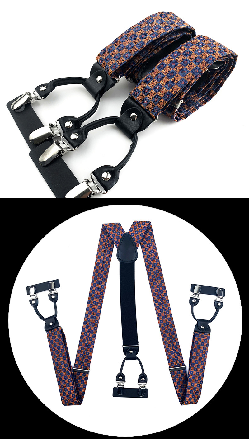 VEEKTIE Brand Suspender For Men 6 Snap Hooks Y-back Adjustable Jacquard Floral Check Shirts Paisley Yellow Blue Vintage Retro