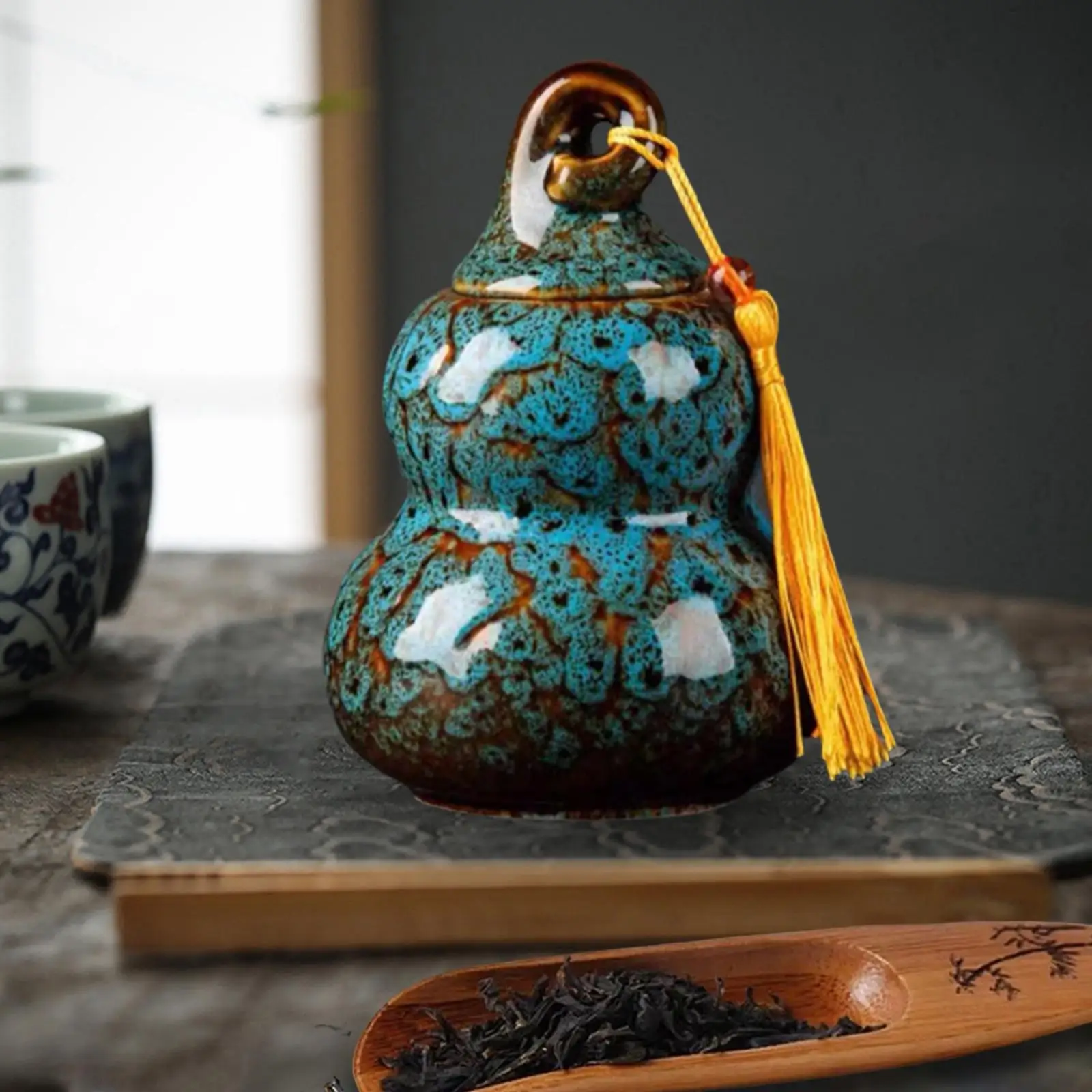 Ceramic Tea Container Portable Desk Porcelain Tea Jars Gourd Shape Loose Tea Tin 200ml for Home Dining Room Countertop Wedding