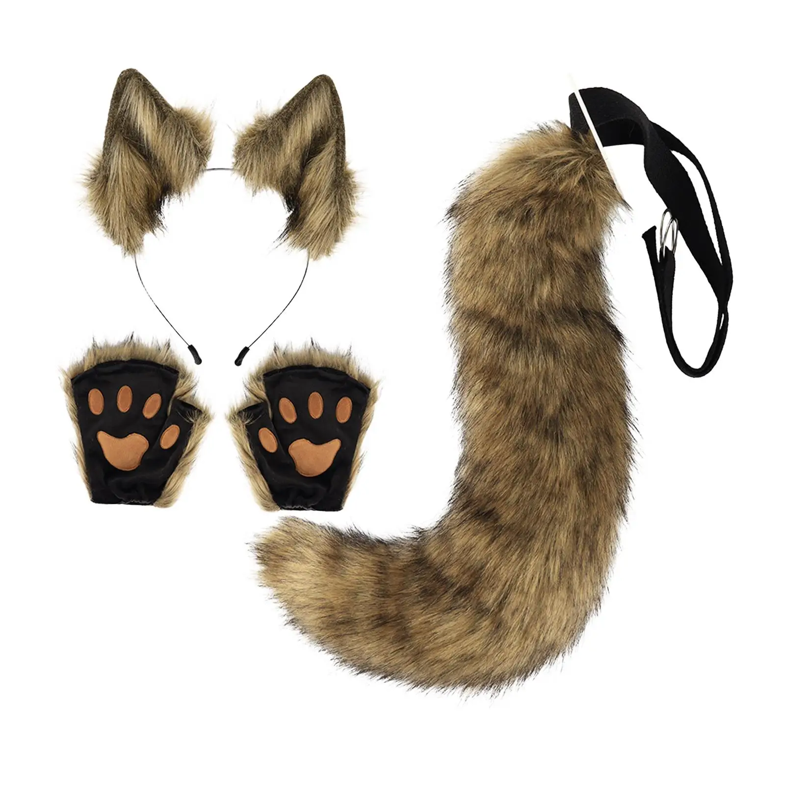 Ears and Tail Hair Hoop with Gloves, Animal Ears, Plush Long Tail Plush Wolf
