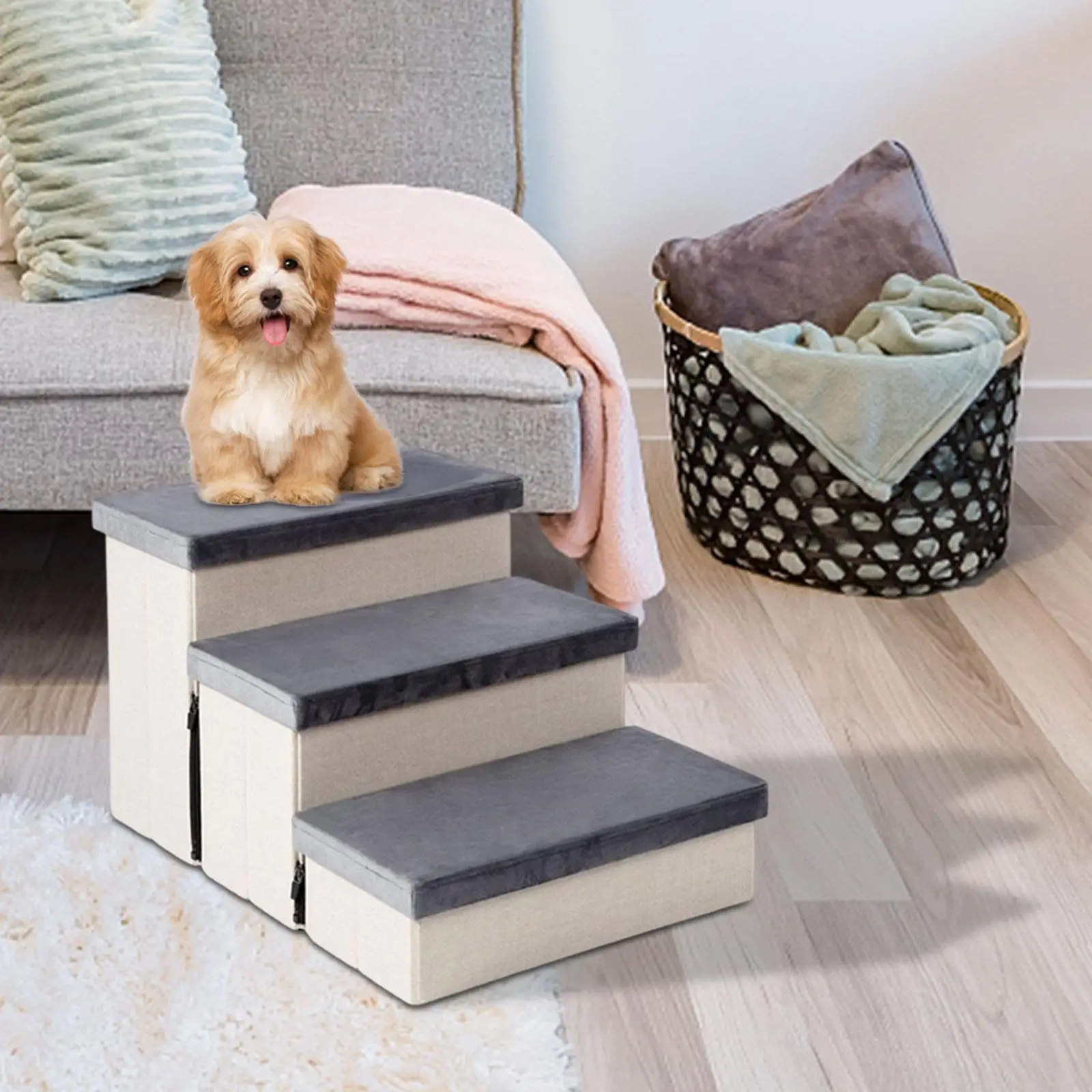 3 Tiers Pet Steps Dog Stairs Removable Cover Pet Climbing Ladder Puppy Toy Storage Box Pet Stairs Ramp for Indoor Couch Bed