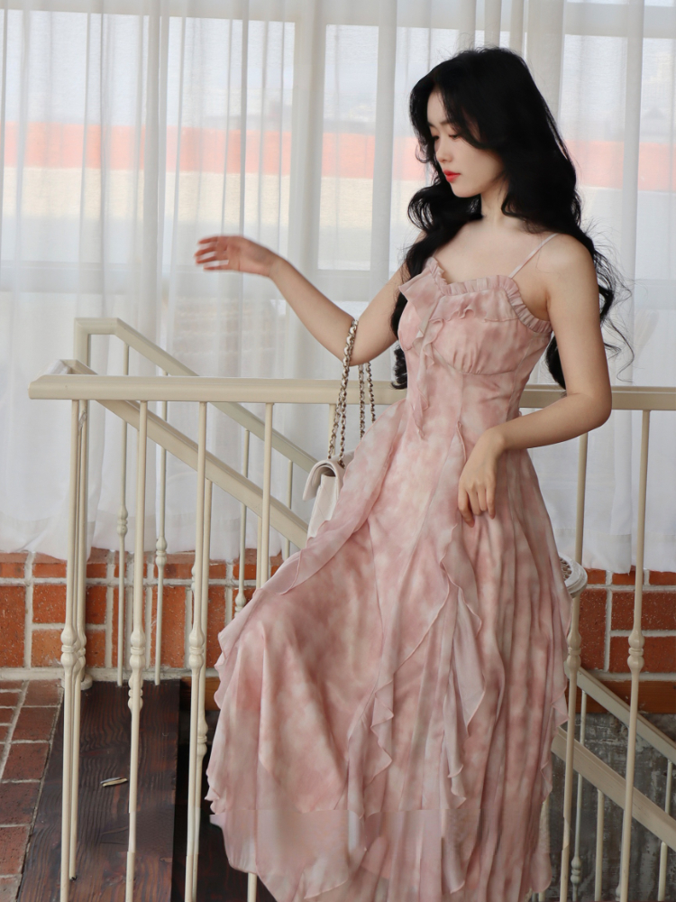 Chiffon, Elegante, Festa noturna, Midi, Ruffle, Coreano,