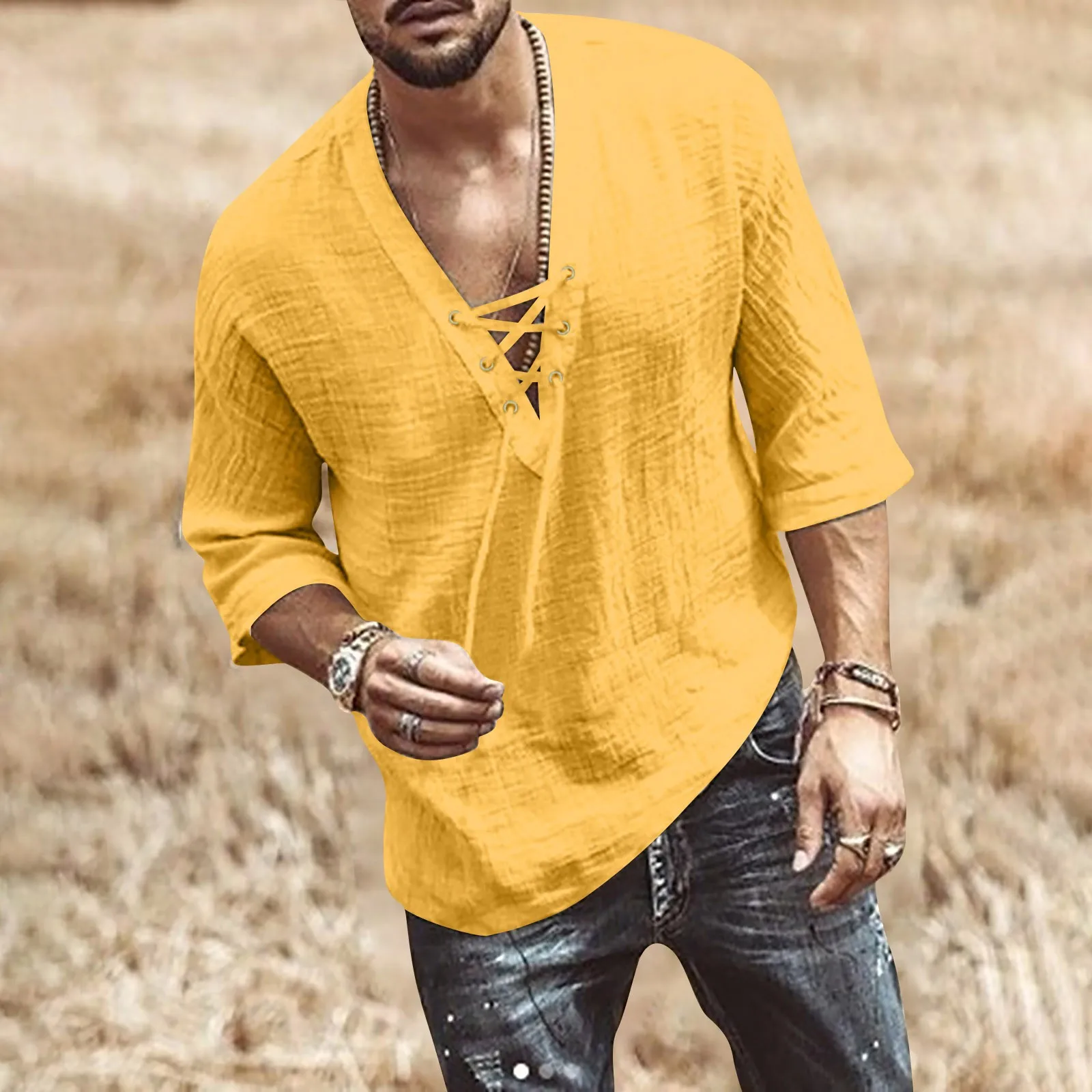 Camisas informales de lino y algodón para hombre, camisas holgadas con botones y cuello levantado, Tops de manga larga de Color sólido para primavera y verano