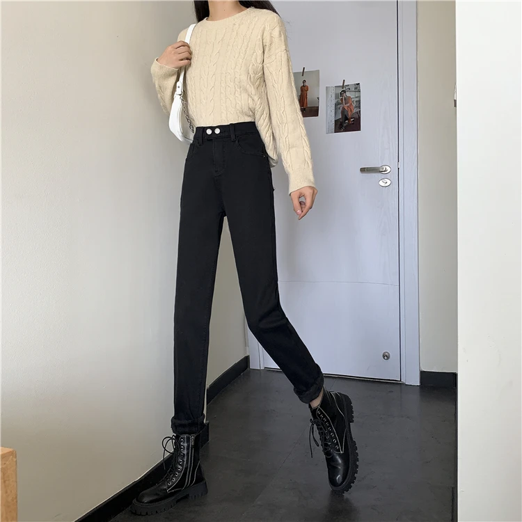 DD1378  New fashion all-match high waist slim straight pants women's warm trousers jeans leather pants