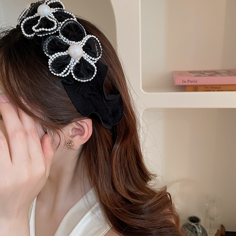 Perlenblumen-Mesh-Haarbänder mit breiter Krempe für Frauen, leichtes, luxuriöses Temperament, großes Stirnband, Charms, Haar-Accessoires – Detail 9